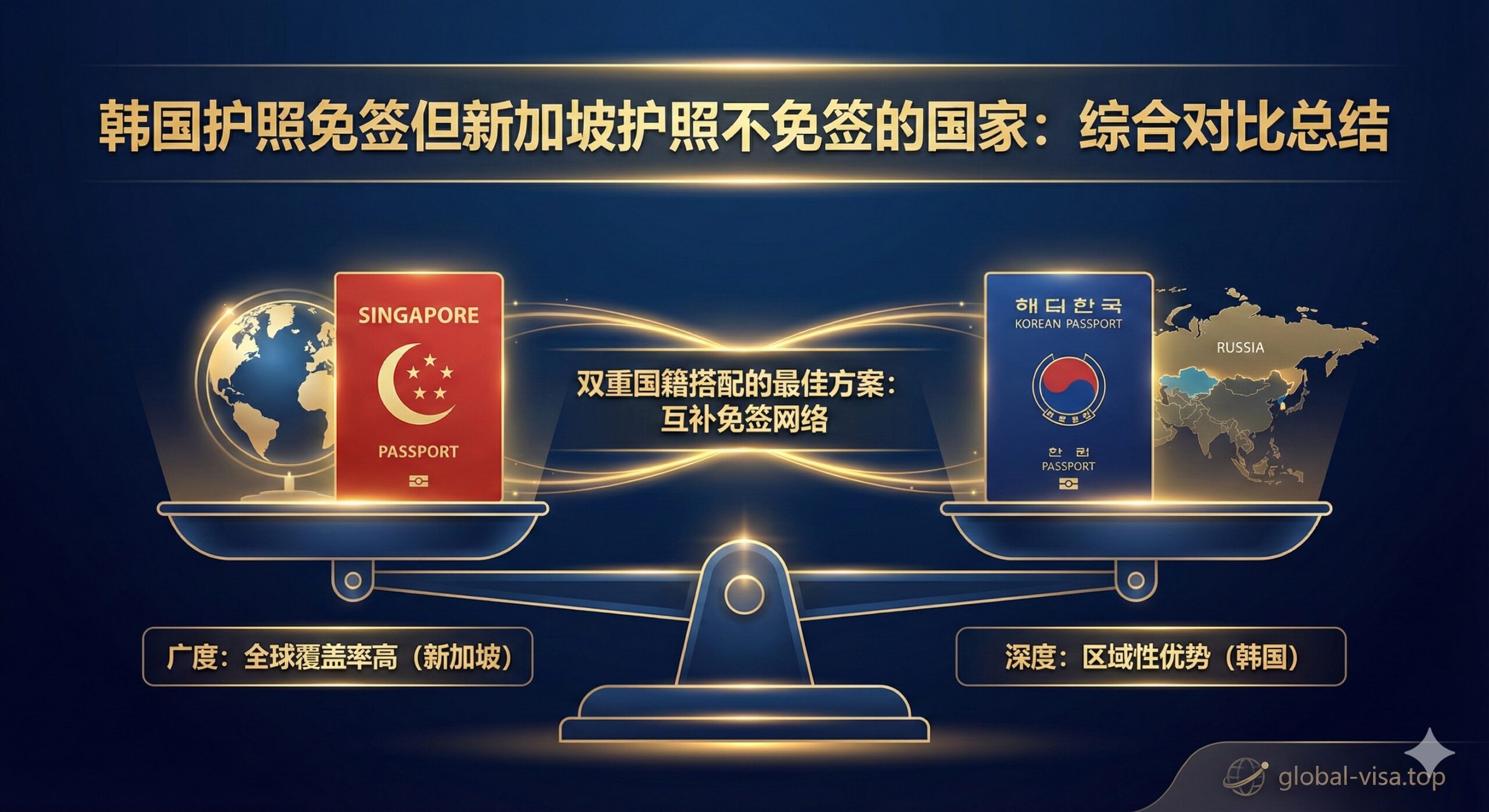 一张总结性的综合对比图。画面中央是一个天平或对比列表的概念设计。左侧代表'广度'（Breadth），放置新加坡护照和地球仪，象征全球覆盖率高；右侧代表'深度'（Depth），放置韩国护照和特定的俄罗斯及欧亚大陆地图，象征区域性优势。底部有'global-visa.top'风格的图章或水印。背景采用高科技感的深蓝色渐变，金色的光效连接两本护照，寓意双重国籍搭配的最佳方案。