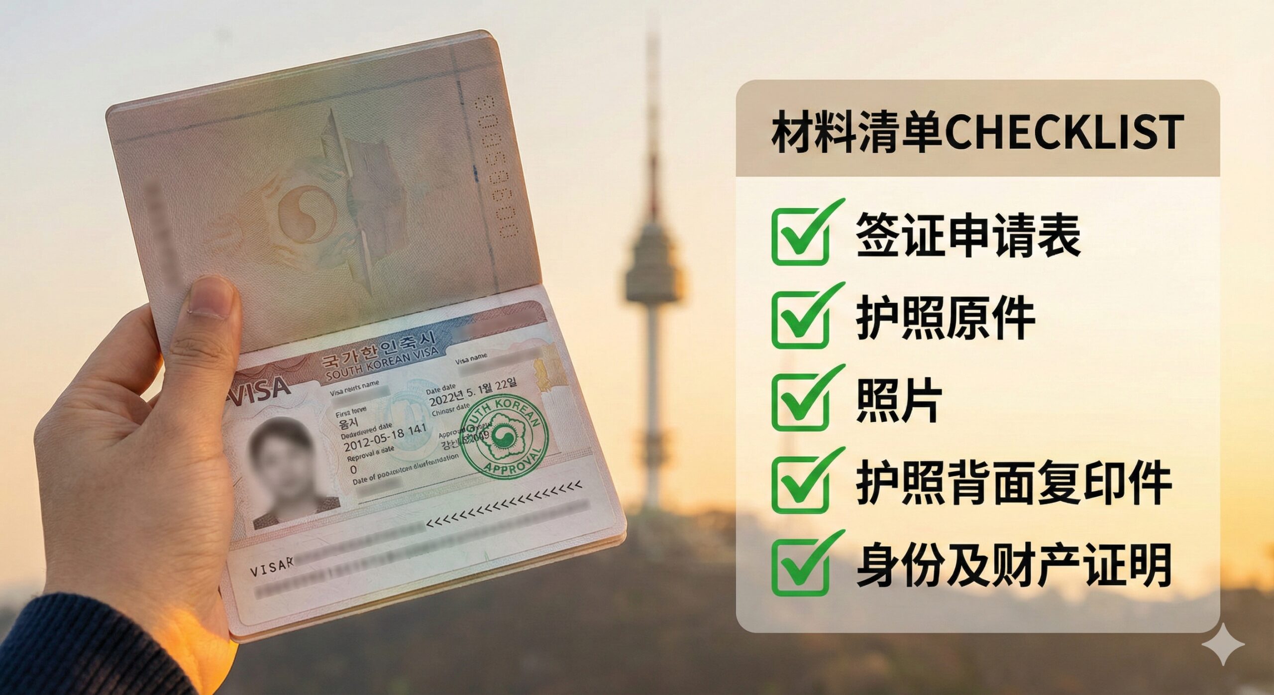 充满希望与安心感的总结图片。画面前景是一只手拿着盖有韩国签证章的护照，背景模糊展示首尔塔或仁川机场的剪影，象征顺利出签。叠加一个半透明的'材料清单Checklist'图形，上面所有项目都打上了绿色的勾。整体色调温暖明亮，传递出准备充分、顺利过关的积极情绪，呼应文章'多一份准备，多一份安心'的主题。