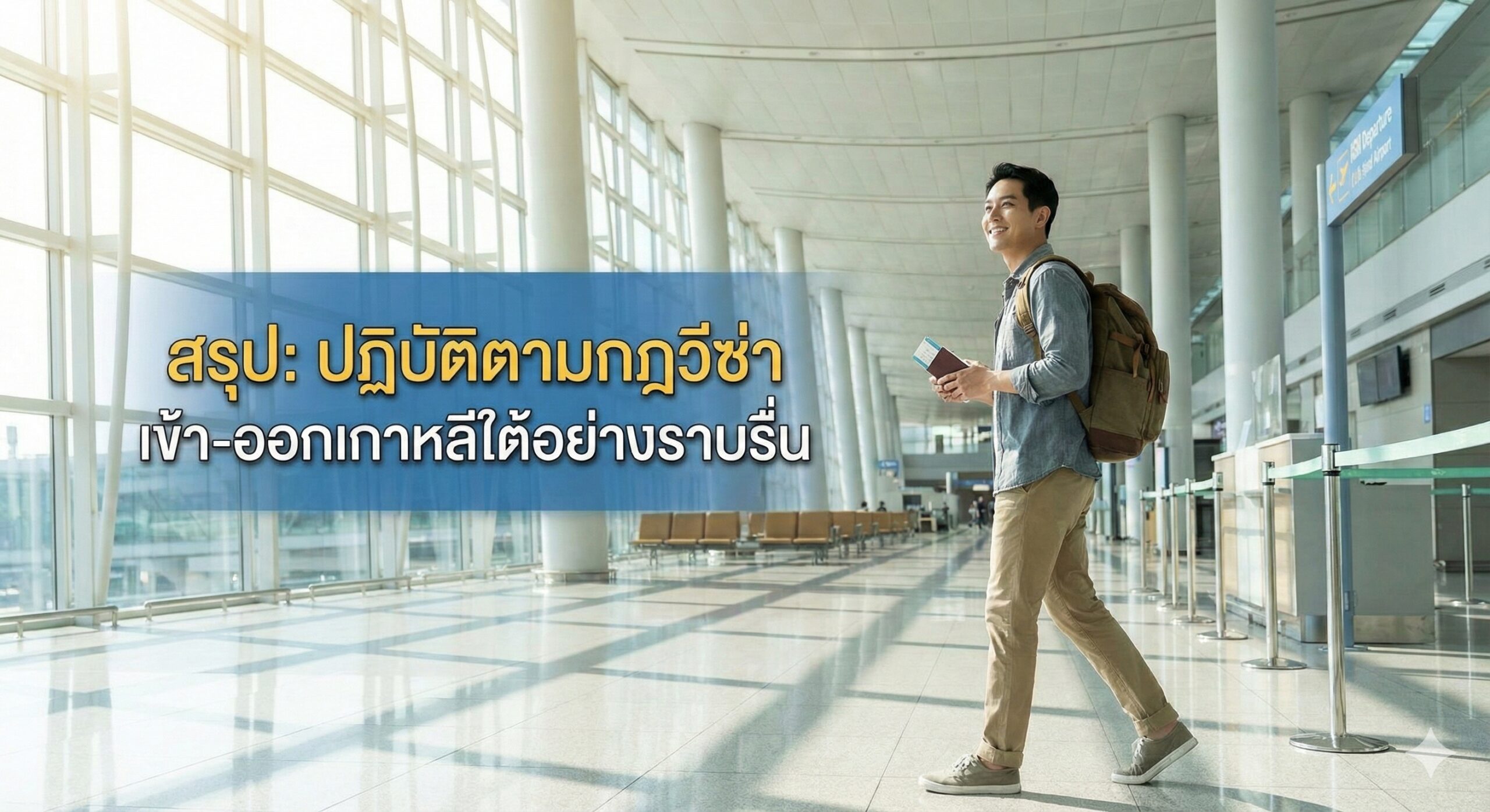 一张充满正能量的总结性图片，背景是宽敞明亮的仁川国际机场出发大厅。一位背着背包的旅客手持护照和登机牌，自信地走向登机口，阳光透过玻璃幕墙洒入。画面寓意着遵守签证护照变更规定后，在韩国的生活和出入境将畅通无阻，传达安心与自由的情绪。