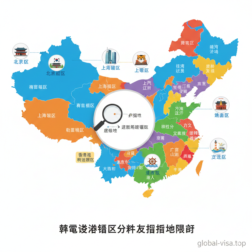 一张清晰直观的中国地图数据可视化插图，用于解释'领区划分'和'户籍限制'。地图将中国各省份按照韩国驻华使领馆的管辖范围划分成不同颜色的色块（如北京领区为蓝色，上海领区为橙色等）。每个区域上方悬浮着对应的领事馆图标。画面风格采用现代扁平化设计，色彩明亮区分度高，配合放大镜元素聚焦在'户籍地'与'居住地'的连接线上，帮助用户一目了然地找到自己所属的办理地点。