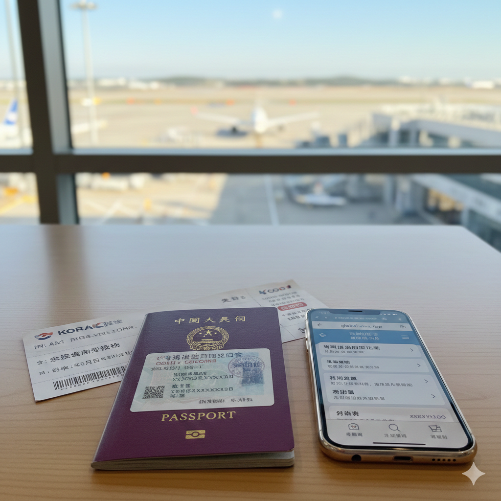 一张充满出发期待感的总结性图片。第一人称视角拍摄，画面展示在一个整洁的桌面上，放着一本已经贴好韩国签证的护照、一张去往首尔的机票以及一部显示着global-visa.top智能查询页面的智能手机。背景虚化处理，隐约可见机场候机大厅的窗景和飞机。暖色调的阳光洒在桌面上，营造出'办证顺利，随时出发'的轻松氛围，鼓励用户使用网站服务。