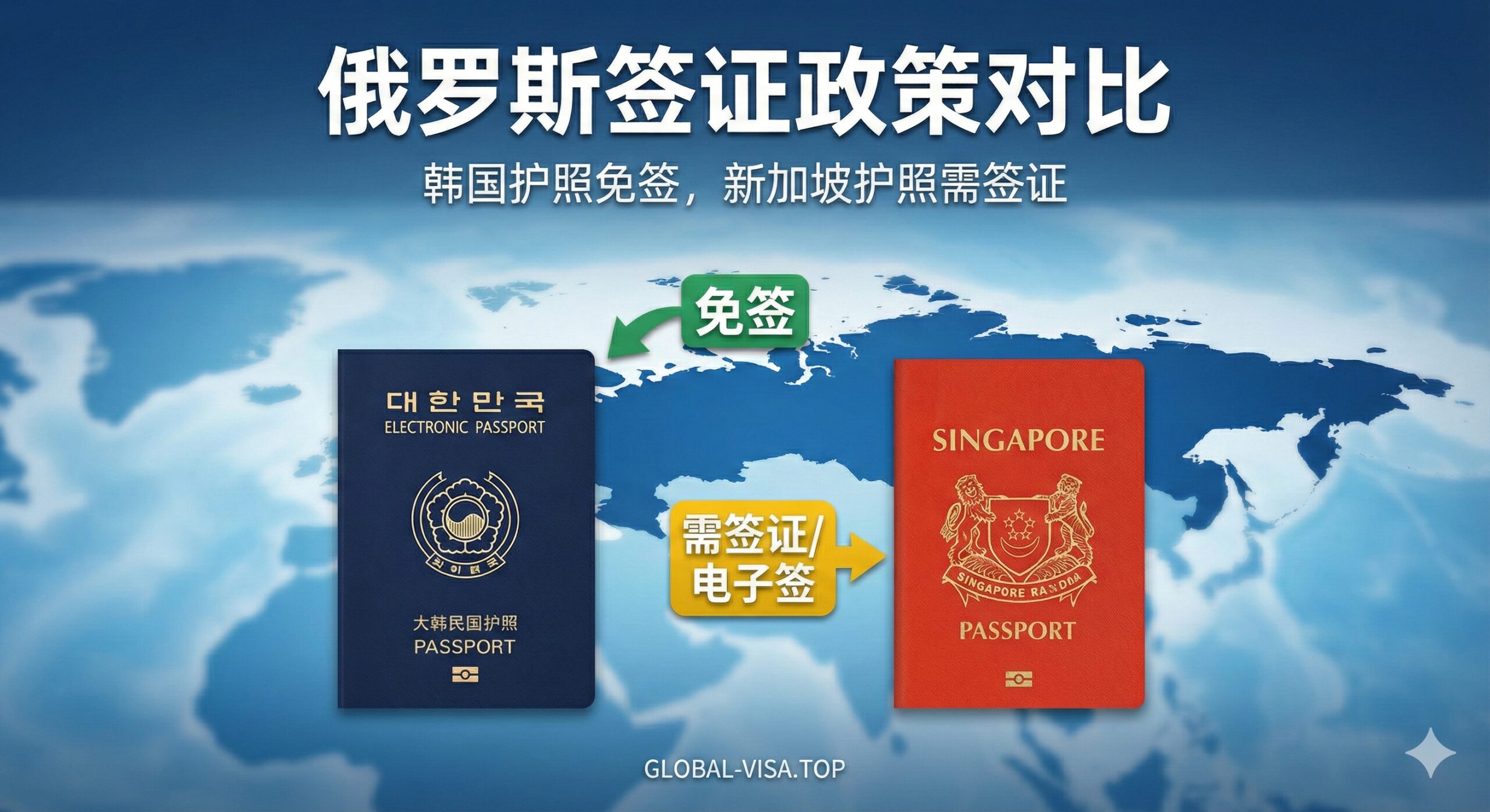 一张极具视觉冲击力的对比封面图。背景是一张虚化的世界地图，重点突出俄罗斯区域。画面中心展示两本护照：左侧是深蓝色的韩国新版电子护照（或传统的绿色护照），右侧是红色的新加坡护照。在俄罗斯地图上方，悬浮着一个绿色的'免签'图标指向韩国护照，而一个黄色的'需签证/电子签'图标指向新加坡护照。整体色调专业、商务，采用蓝白为主色调，光线明亮，突出'隐藏特权'的主题，适合作为全球签证资讯网站的头图。