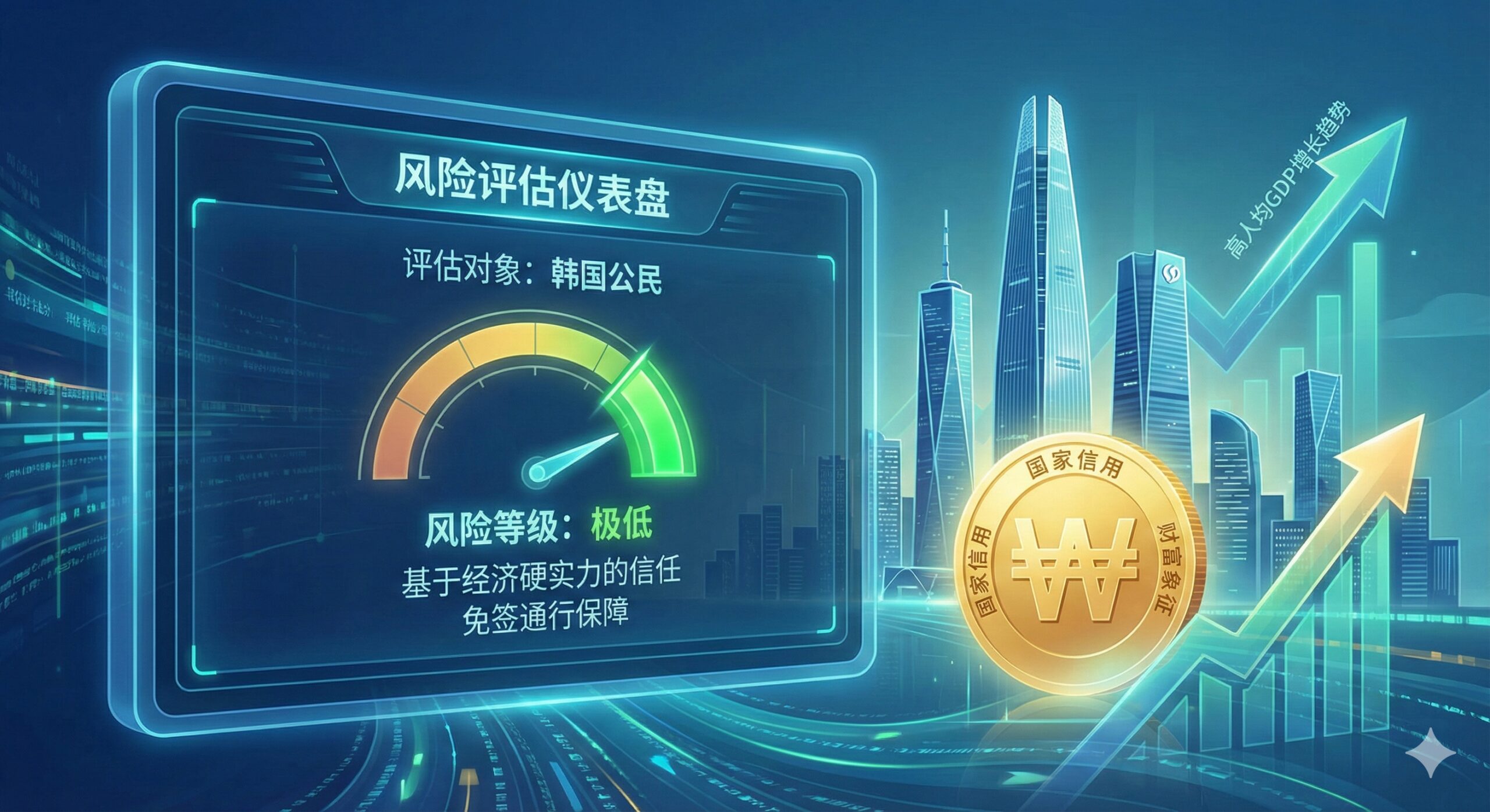功能特性图,突出韩国经济硬实力带来的“低风险”信任。画面中心是一个放大的电子屏幕界面,模拟各国边境控制系统的风险评估仪表盘。仪表盘显示“韩国公民”的风险等级为极低的绿色区域。背景是首尔的现代摩天大楼(如三星、LG的总部大楼),以及一枚闪耀的硬币和象征高人均GDP的上升图表。风格为科技感、数据化,色彩以冷静的蓝绿色和象征财富的金色为主,强调经济实力是免签的核心技术保障。