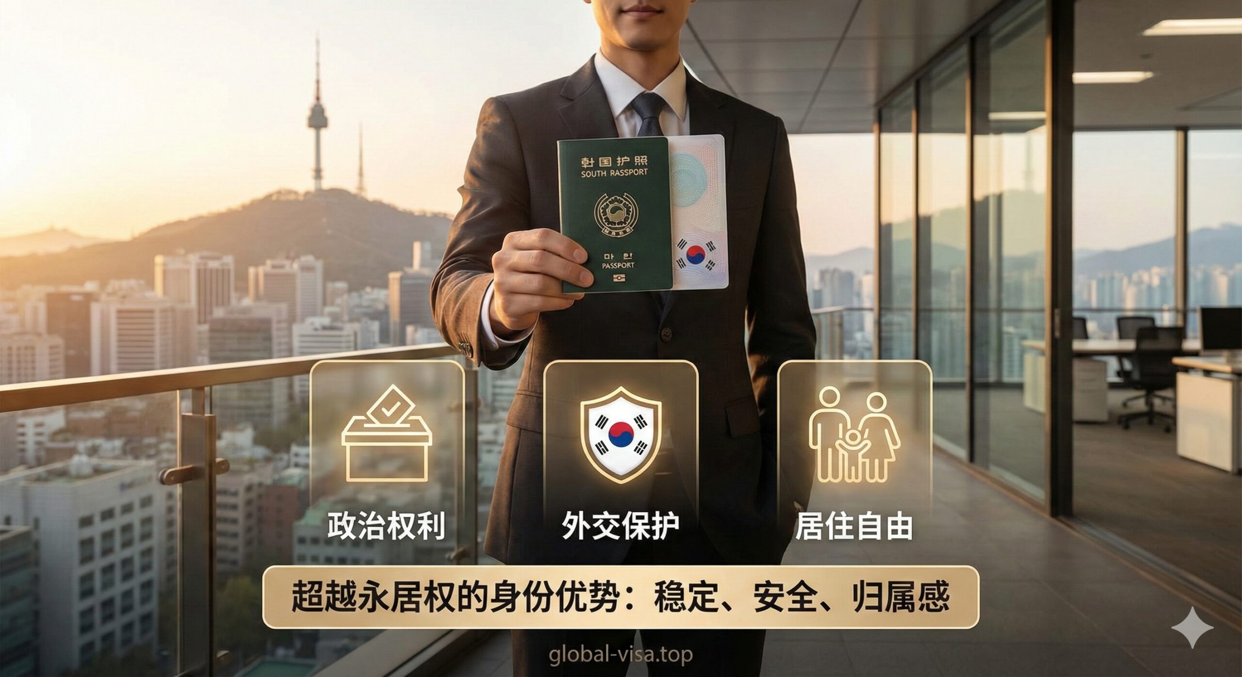 优势图片，聚焦于韩国护照超越永居权的身份优势和福利。画面可以描绘一个现代化的韩国城市景观，例如首尔的摩天大楼和繁华街道。前景中，一个专业人士形象的人（象征身份规划）自信地手持护照。旁边用三个关键元素图标强调：一把投票箱（政治权利）、一个带着国旗的盾牌（外交保护）、一个家庭图标（居住自由），以暖色调为主，营造出稳定、安全的归属感。