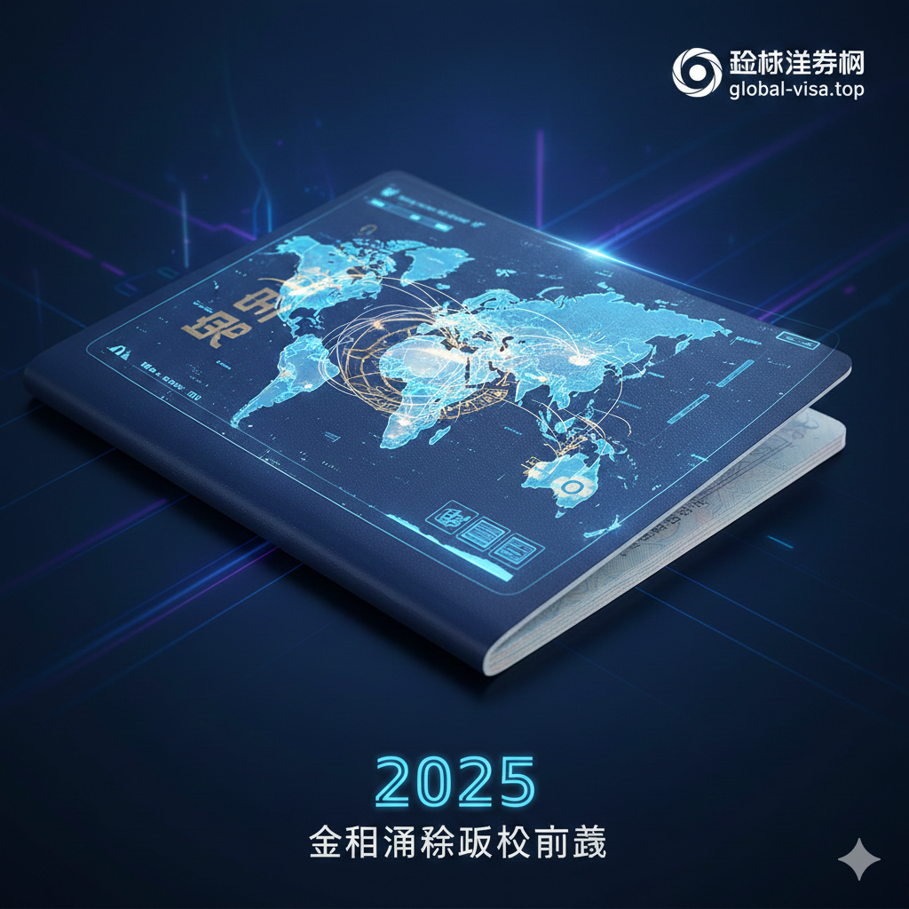 一张富有科技感和全球化视野的封面图。主体是一个深蓝色、打开的韩国护照，护照页上叠加了一层透明的数字世界地图或航班路线图的HUD（抬头显示）界面，地图上用亮眼的线条连接了世界主要城市。背景是抽象的蓝色和紫色光效，象征着数据流动和快速通关。图片风格应是专业、权威、高清晰度，颜色以深蓝、白金（代表护照含金量）和霓虹蓝（代表科技）为主。强调“2025”的未来感和“通关政策”的全面性。