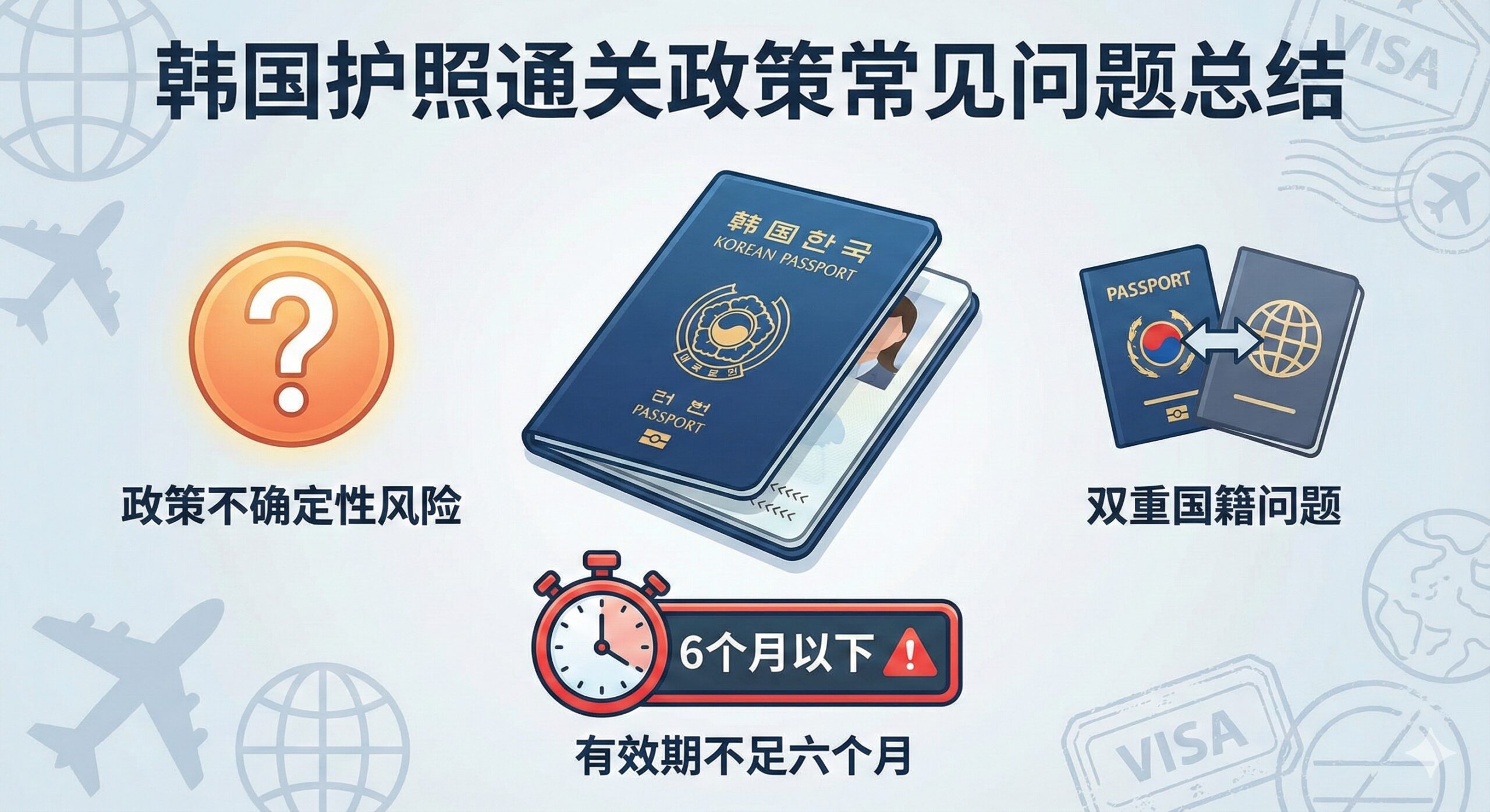 一张总结和问答（FAQ）风格的图片。画面以一本韩国护照为中心，旁边放置着三个象征主要痛点问题的元素：一个问号图标（代表政策不确定性）、一个倒计时时钟（代表护照有效期不足6个月的风险）和一个并列的双护照图标（代表双重国籍）。背景可以是淡雅的国际旅行图案或抽象的签证印章，风格简洁明了。图片应给人一种权威解答和风险警示的感觉，用于总结文章中关于护照有效期、双重国籍和通关受阻的常见问题。