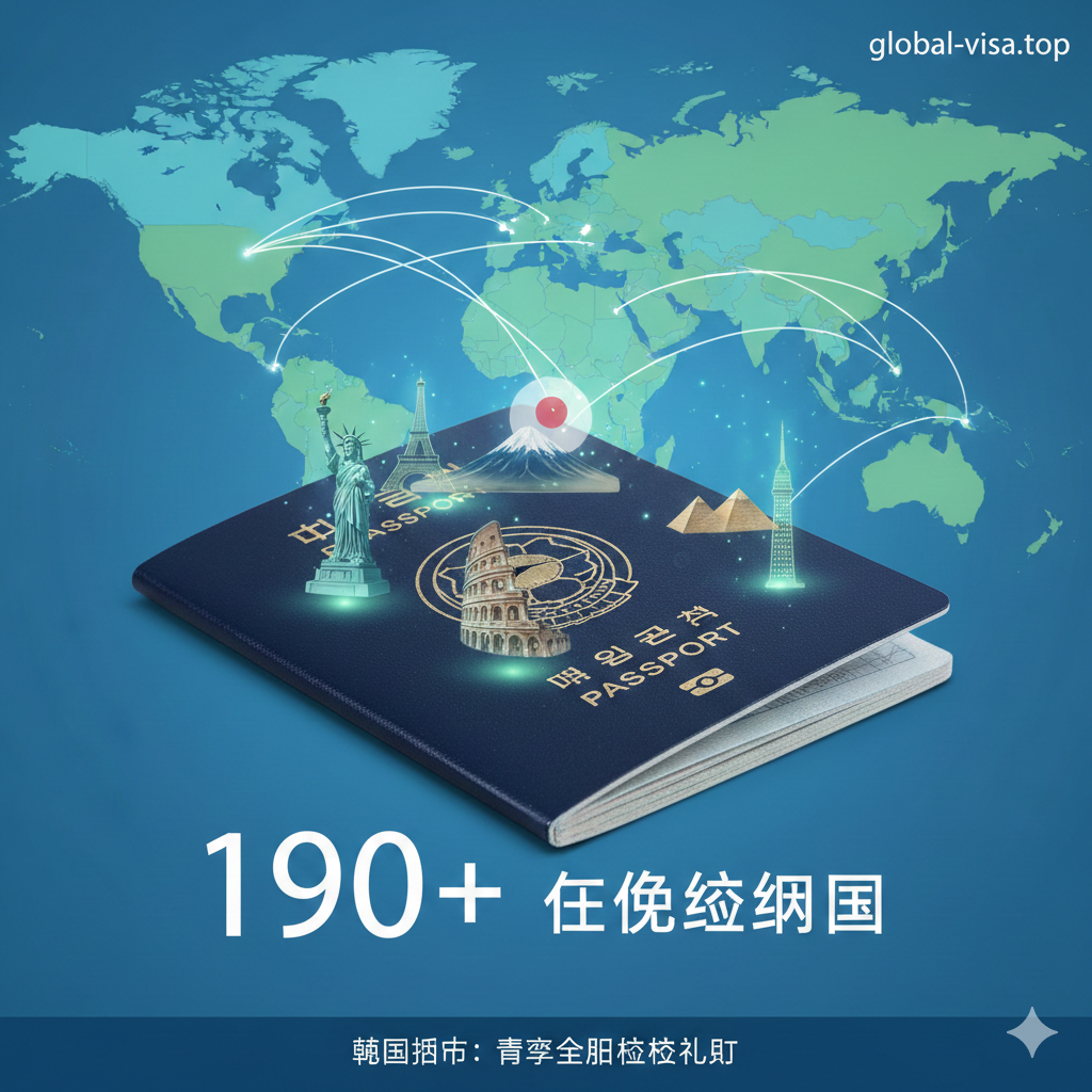 功能图片，强调韩国护照的顶级免签能力和身份福利。画面中心是一个打开的韩国护照，护照页上叠加着多个国家地标的微缩投影，例如自由女神像、埃菲尔铁塔、日本富士山，象征着全球通行。背景是抽象的飞行航线图或申根区地图。图片应采用蓝色和绿色为主色调，传达“自由、通行、便利”的概念，并用数字'190+'醒目地标注免签国家数量。