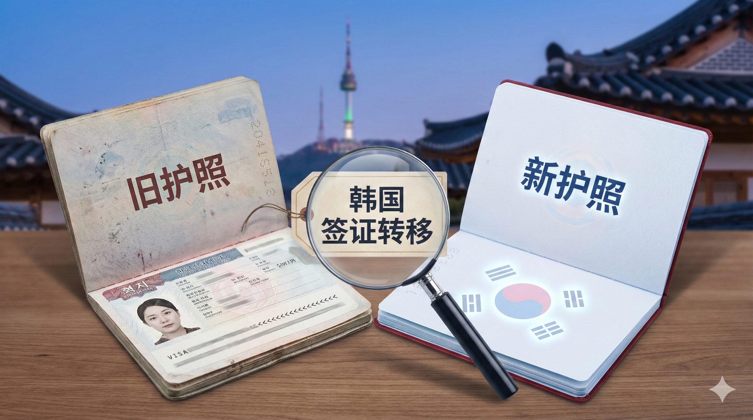一张醒目的封面图，主题是韩国签证从旧护照迁移到新护照。画面主体是两本护照（一本旧、一本新），它们以对角线构图交叉放置，旧护照上清晰可见一张有效的韩国多次往返签证贴纸，新护照的一页上有韩国国旗的微弱投影。色彩主调应使用韩国国旗的蓝、红、白配色，营造专业、可靠的氛围。背景可以有首尔塔或韩屋的模糊轮廓，强调韩国主题。在护照旁边放置一个放大镜或一张带着'Transfer'（转移）字样的标签，突出'迁移'这个核心动作，并确保视觉上简洁、信息突出。