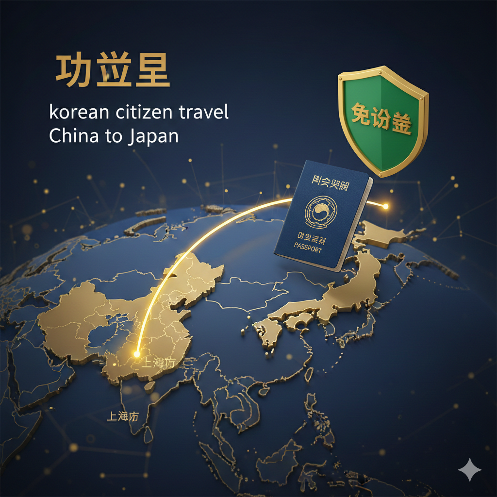 一张精美的3D地图插画，展示从中国东部沿海（如上海）飞往日本（如东京）的飞行弧线轨迹。在飞行路线上悬浮着一本微缩的韩国护照图标，日本地图上方显示绿色的“Visa Free”盾牌标志。色彩采用深蓝与金色的商务配色，专门用于解释居住在中国的韩国公民直接飞往日本无需签证的特殊地理场景。