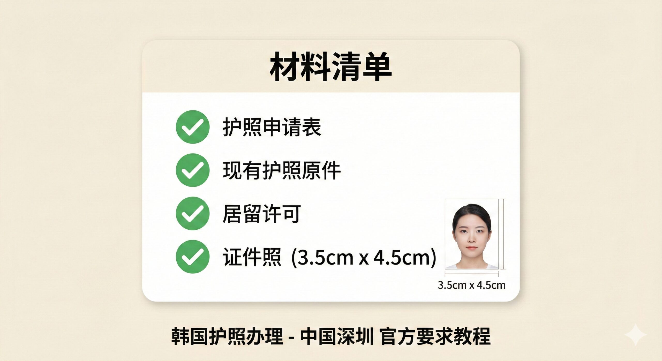 图片用于展示“材料清单”这一教程环节。画面中心应是一个简洁的、数字化风格的检查清单(Checklist),采用扁平化设计,背景色为柔和的浅灰色或米色。清单上用韩文和中文列出几项关键材料,如“护照申请表”、“现有护照原件”、“居留许可”和“证件照 (3.5cm x 4.5cm)”,并在旁边打上绿色的“√”图标。特别强调照片尺寸,可以放置一个微小的、严格符合尺寸的证件照示例。整体构图应为三分法,强调材料的重要性与条理,让用户一目了然。