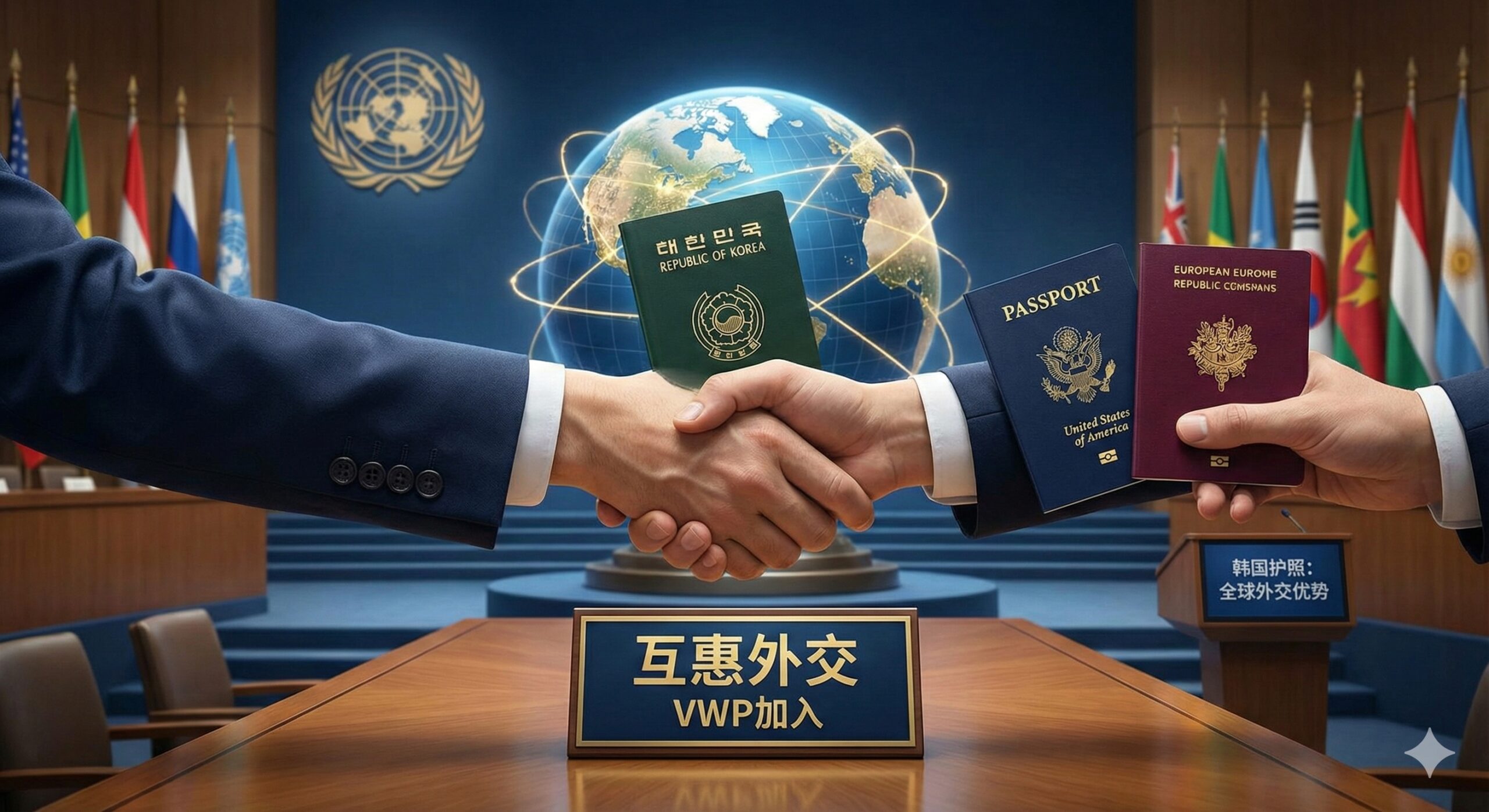优势图,展示韩国护照在全球外交和地缘政治中的独特优势。画面中心是一只手持韩国护照,与其他国家护照(如美国、欧盟)在外交会议桌上进行友好的握手。背景是联合国大会厅的庄严氛围,或象征国际合作的地球仪。强调“互惠外交”和“VWP加入”的里程碑意义。风格正式、权威,色彩以金色、深蓝和白色为主,营造出国际高端论坛和外交谈判的氛围。