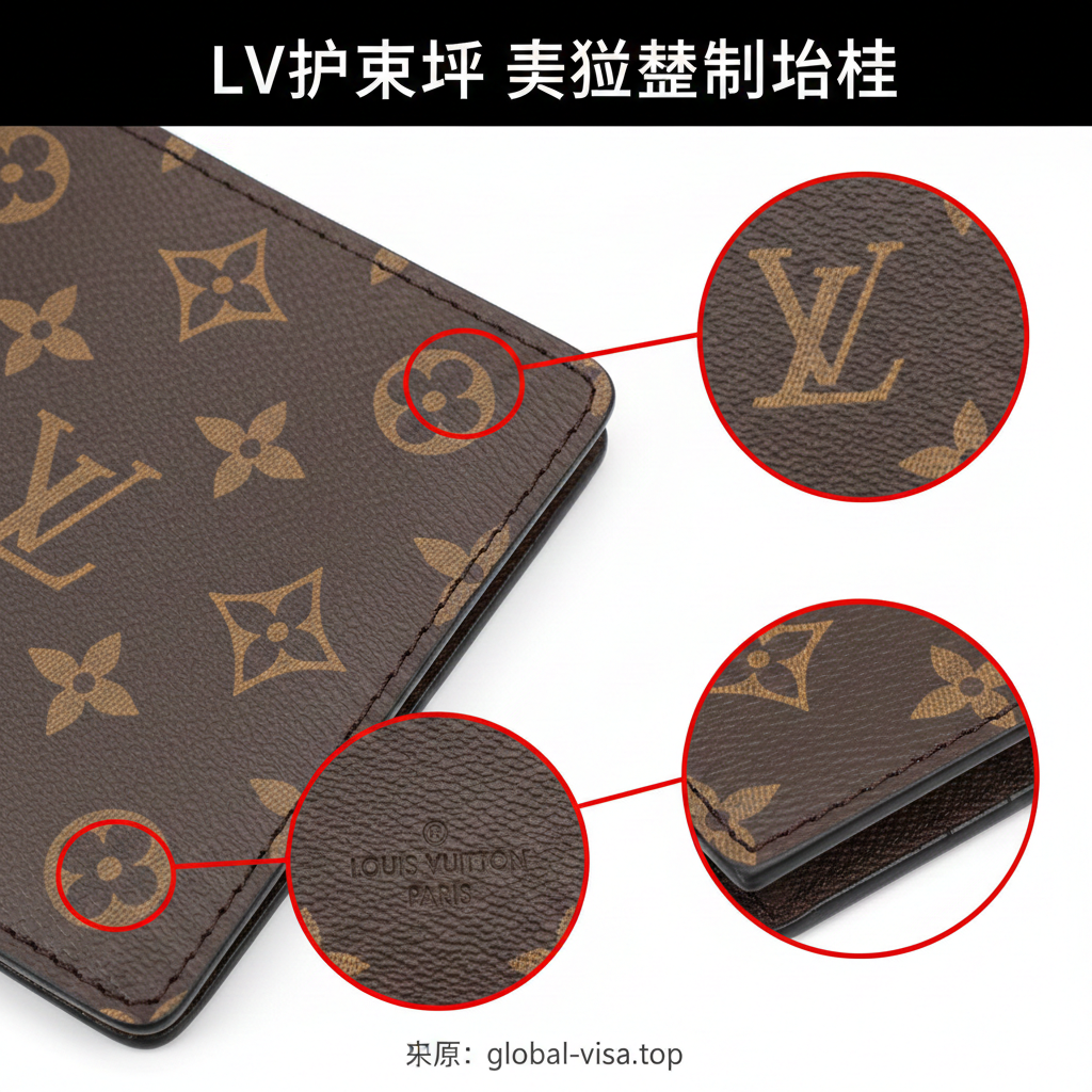 特写/微距镜头，聚焦于 LV 护照夹的真假鉴定细节。画面主体是一张放大的 Monogram 老花帆布，清晰展示其标志性的Logo对花和裁切细节。旁边附上三个小圆圈高亮区域：一是展示“柳叶针”走线的特写；二是内部压印的“Louis Vuitton Paris”刻印，强调“O”字母的形状；三是帆布边缘油边的整齐度。整体色调明亮，突出“防伪指南”和“真假鉴定”的专业性。