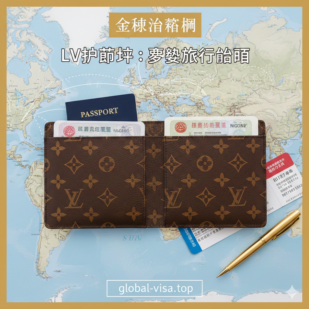 俯视角度拍摄，展示一本打开的经典 Monogram 老花 LV 护照夹（M60502型号），护照夹内侧露出一本深蓝色护照和几张叠放的各国签证页。背景是一张世界地图的局部特写，地图上用虚线勾勒出几条国际航线，旁边放着一张登机牌和一支钢笔。整体风格为高端、旅行主题，色调为温暖的棕色、金色和深蓝色，突出“全球旅行”、“指南”的主题，与文章标题呼应。