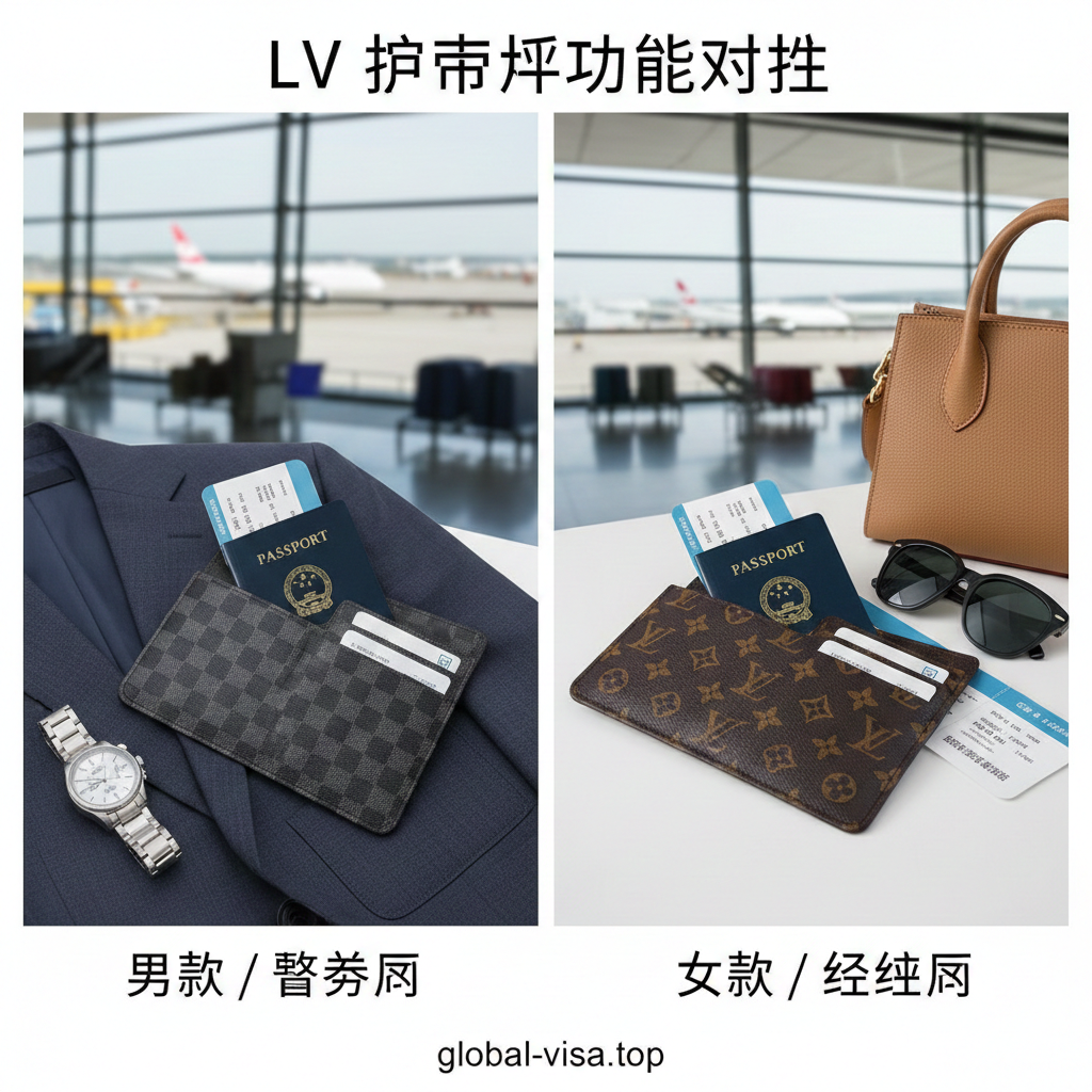 左右分栏对比图。左侧展示 Damier Graphite 黑棋盘格 LV 护照夹，搭配一套深色商务西装和一只银色手表，代表“男款”或“商务”风格。右侧展示 Monogram 老花 LV 护照夹，搭配一只简洁的女款皮包和一些旅行主题的配饰（如墨镜），代表“女款”或“经典”风格。背景是模糊的机场候机大厅或高端酒店大堂。强调不同款式对不同人群的适用性，突出其功能性与品味。