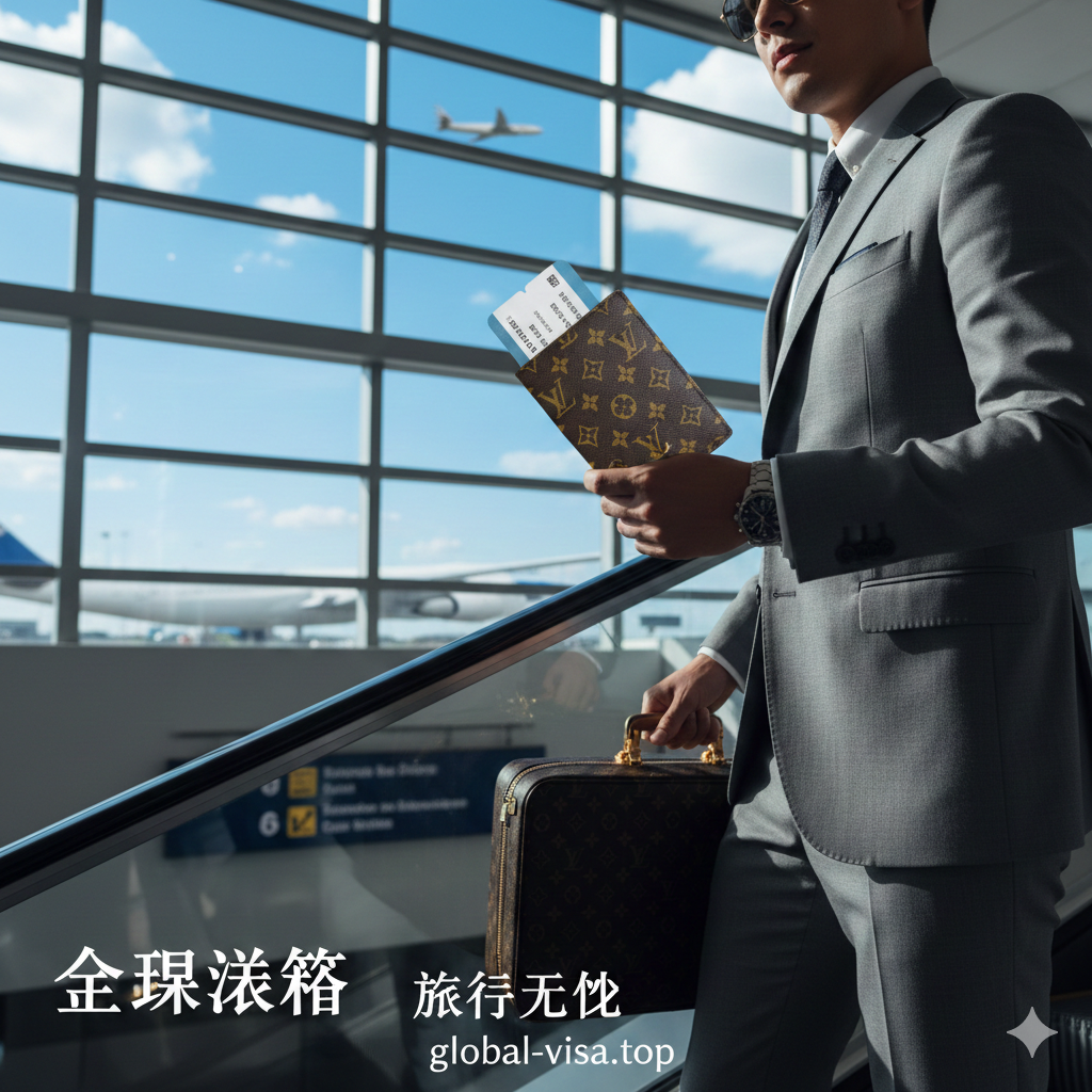 一张富有动感的旅行场景图。一名穿着考究的旅行者（看不清面部，突出服装和手持物品）正在机场的自动扶梯上或登机口附近，手中自信地拿着一本LV护照夹和登机牌。背景是飞机窗外的一片蓝天或一个现代化的机场标志。画面下方配以“全球签证”、“旅行无忧”等与 global-visa.top 网站主题相关的文字暗示，总结 LV 护照夹作为高端旅行装备的地位。
