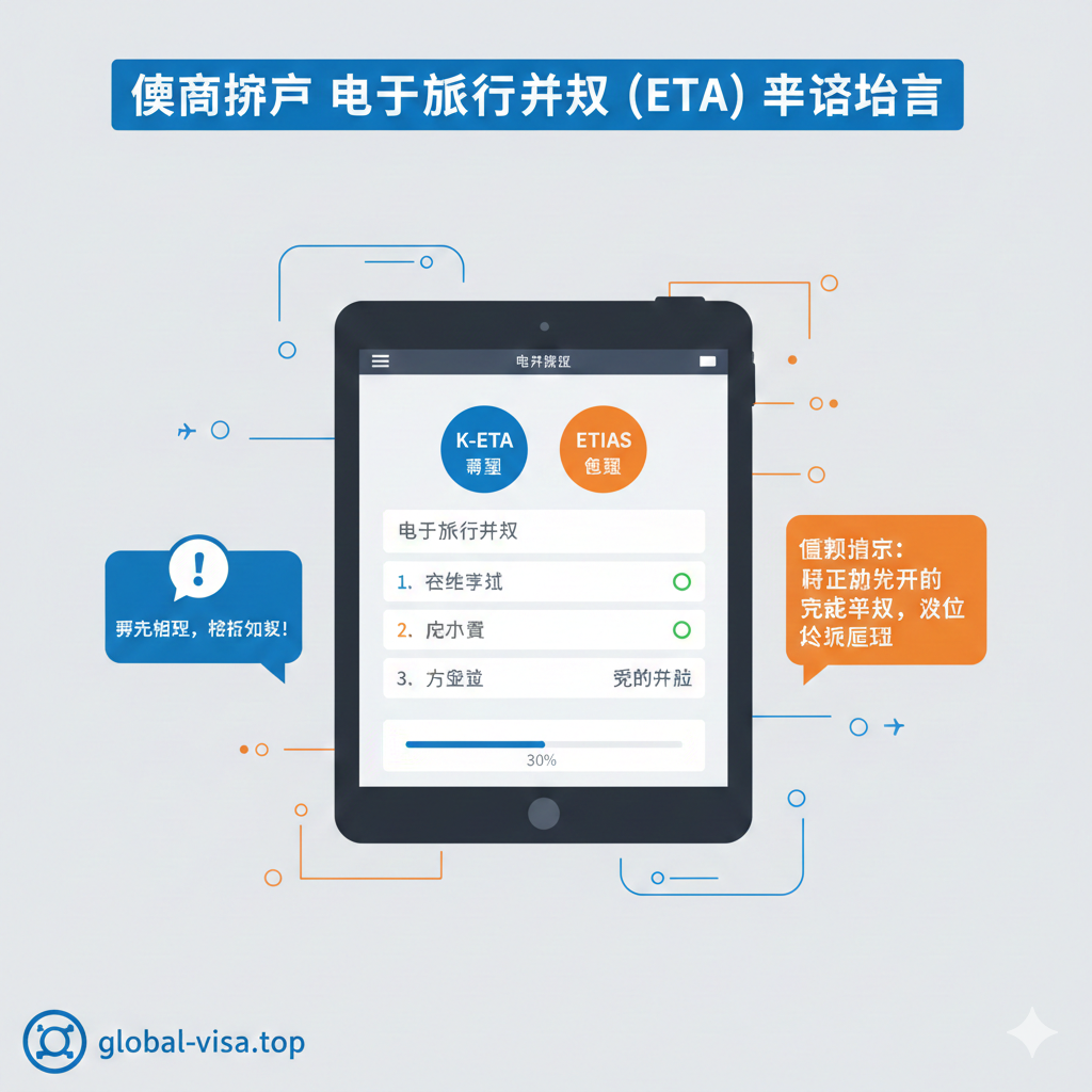 一张关于“电子旅行授权（eTA）”申请流程的教学示意图。画面中心是一个电脑或手机屏幕的模拟界面，展示简洁的在线申请表格或进度条，上方醒目标注“K-ETA”或“ETIAS”的标志。旁边用简洁的图标和数字步骤（如1.在线填写，2.支付费用，3.收到批准）展示申请流程，用蓝色、橙色等醒目色彩提示用户需要“预先”办理，避免机场受阻。整体风格应是扁平化和科技感。