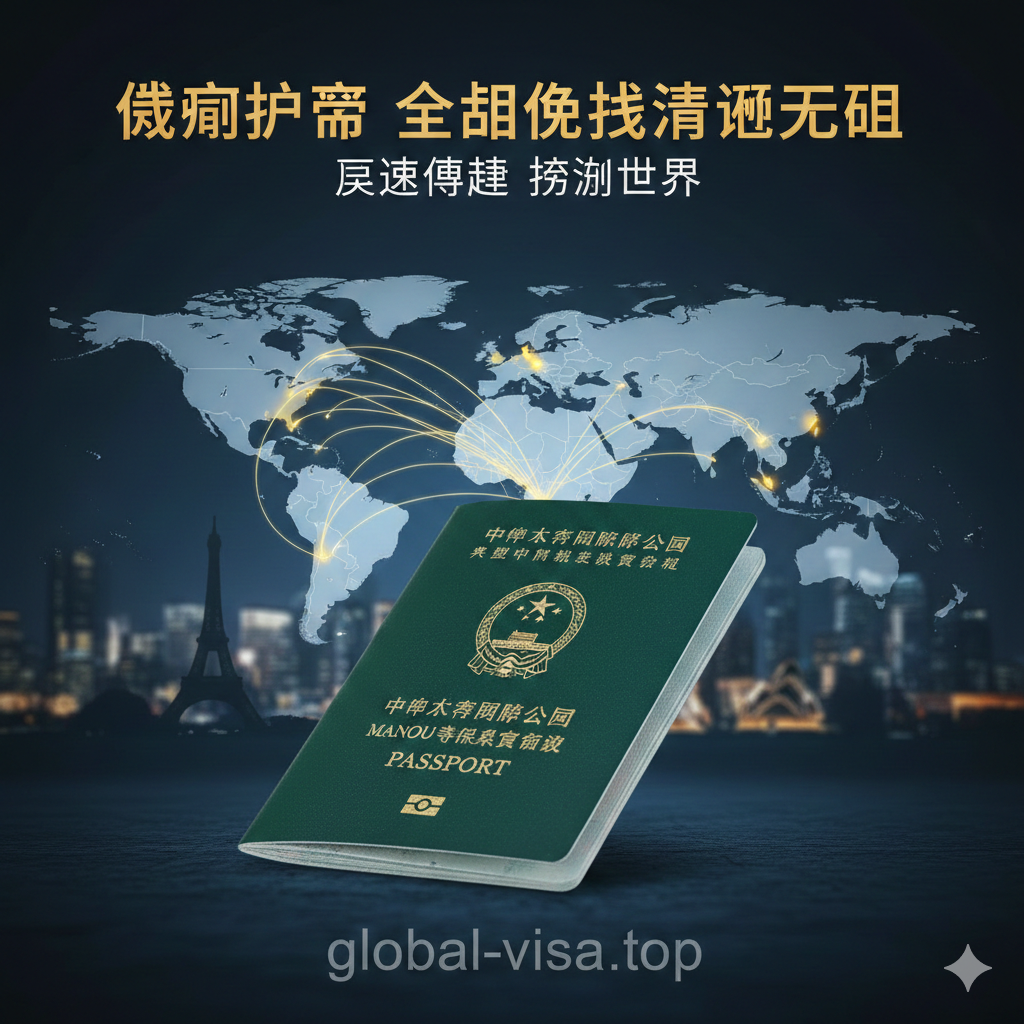 一个富有动感的封面图，突出“全球通行”和“快速便捷”。画面中心是一本深绿色的澳门特区护照（Macao SAR Passport），护照上方以半透明叠加的方式展示一个全球地图，地图上用明亮的金色或荧光绿线条标示出多条国际航线或免签国家/地区。背景是模糊的全球主要城市剪影或地标（如埃菲尔铁塔、富士山等），象征国际旅行。整体采用高对比度的现代风格，主色调为深绿、金/银色和科技蓝，突出权威与效率。