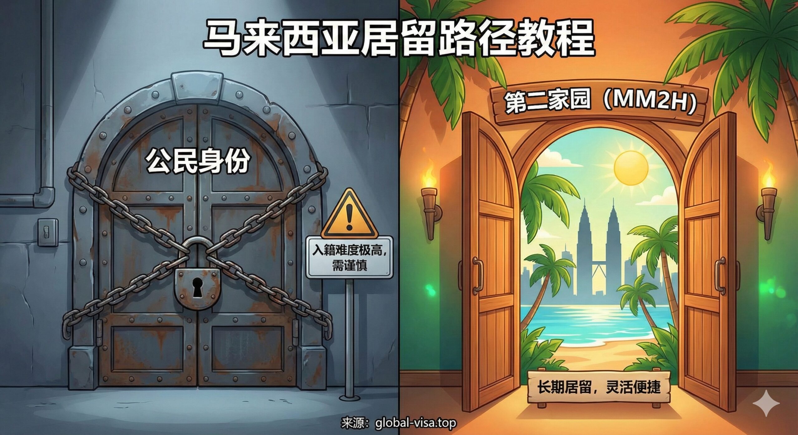 教程图用于揭示获取护照的高难度和替代方案MM2H。画面采用对比构图。左侧是一个巨大的、被锁住的、标有'Citizenship (公民身份)'的厚重铁门,旁边有一个警告标志。右侧则是一个更开放、更温馨的门,标有'MM2H (第二家园)',门后是马来西亚的热带风光(如双子塔、海滩)。色彩上,左侧偏向冷灰,右侧偏向温暖的橙色和绿色,直观地展示了'护照'与'长期居留'两条路径的难度差异和可行性。