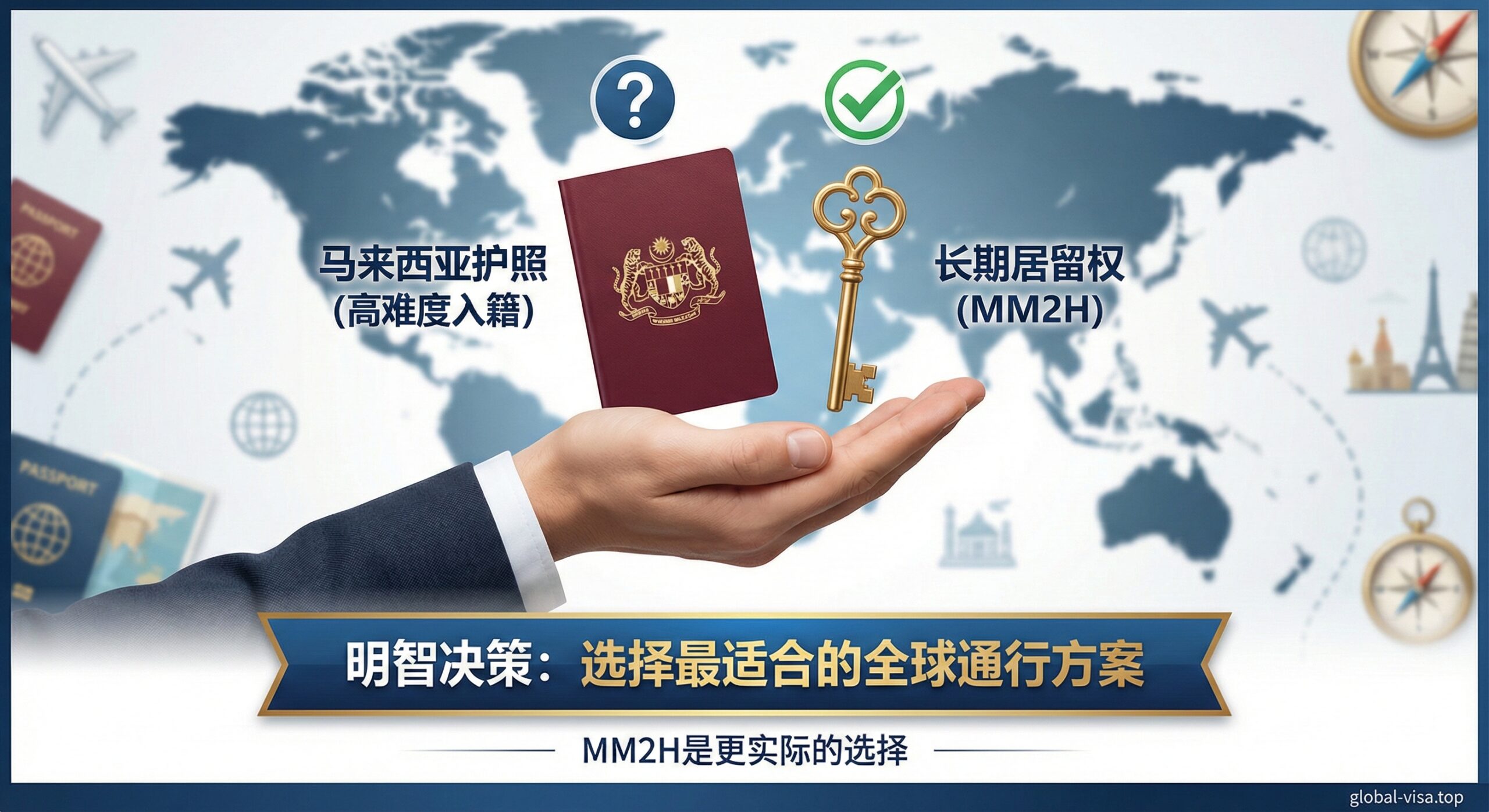 总结图用于强调选择最适合的全球通行方案。图片中心是一只手,手里拿着两个象征性的物件:一个是马来西亚护照(代表高难度入籍),另一个是钥匙(代表MM2H的长期居留权)。背景是模糊的全球地图和旅行元素,并配以一个清晰的问号和对勾。风格上需要传达'明智决策'和'专业指导'的氛围。色彩应是中性且专业的蓝、白、金组合,确保用户理解文章的核心结论:MM2H是更实际的选择。
