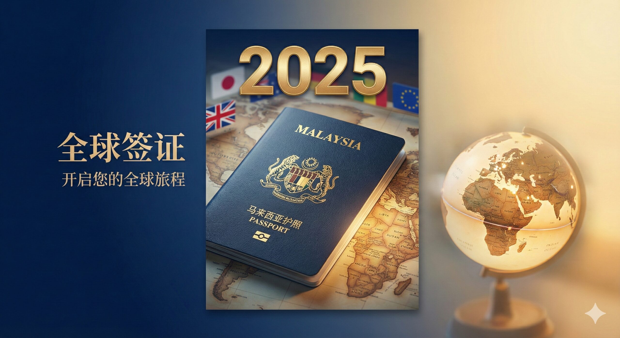 一张富有国际感和信任感的封面图。主视觉是马来西亚深蓝色护照(Malaysia Passport),以特写方式展示,并将其放在一张摊开的世界地图或一个发光的地球仪之上。背景采用柔和的金色和深蓝色渐变,象征着“黄金通行证”和全球通行。护照上方浮动着数字'2025'和几个小小的免签国旗图标。整体风格现代、专业,色彩饱和度高,强调护照的权威性和高含金量,与'Global Visa'的专业定位相符。