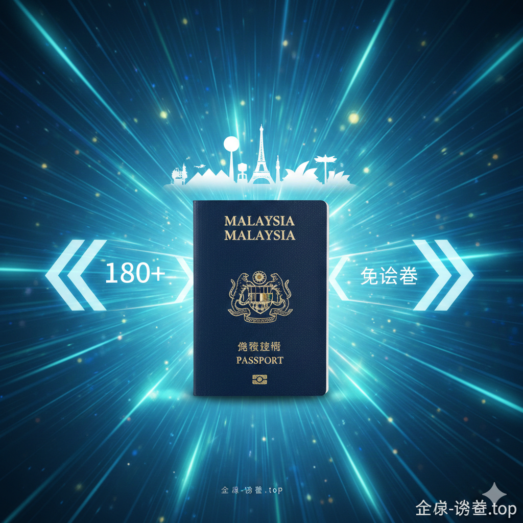 功能图用于展示免签优势。图片主体构图是马来西亚护照被放置在一个虚拟的'通道'或'门'前,通道的尽头是多国地标的剪影,如欧洲申根区的埃菲尔铁塔、日本的富士山等。通道上用箭头和闪烁的图标标示着'180+'和'Visa-Free'(免签)。色彩以明快的蓝色和绿色为主,营造出快速、便捷、无阻碍的通行体验,体现其作为全球旅行优选的功能特性。