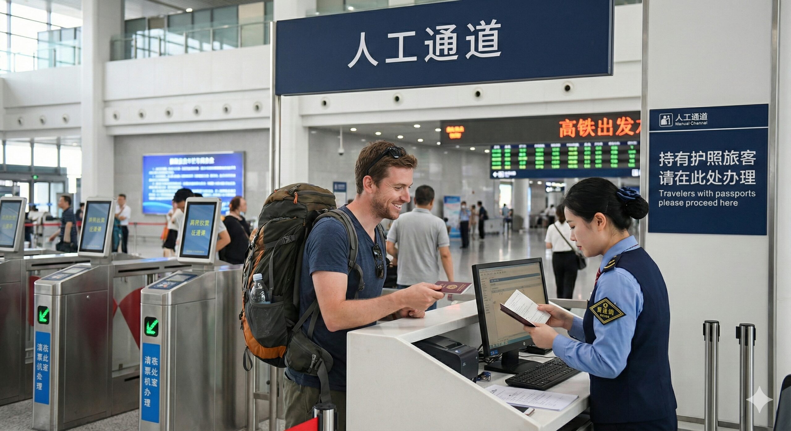 一张写实风格的车站进站场景图，重点展示‘人工通道’的使用。画面中，一位背着旅行包的外国游客正在火车站的检票口，微笑着将护照递给身穿制服的铁路工作人员进行核验。背景中可以看到自动闸机通道和清晰的‘人工通道 / Manual Channel’指示牌。光线柔和明亮，营造出高效、友好的服务氛围，消除用户对于无法刷身份证进站的顾虑。