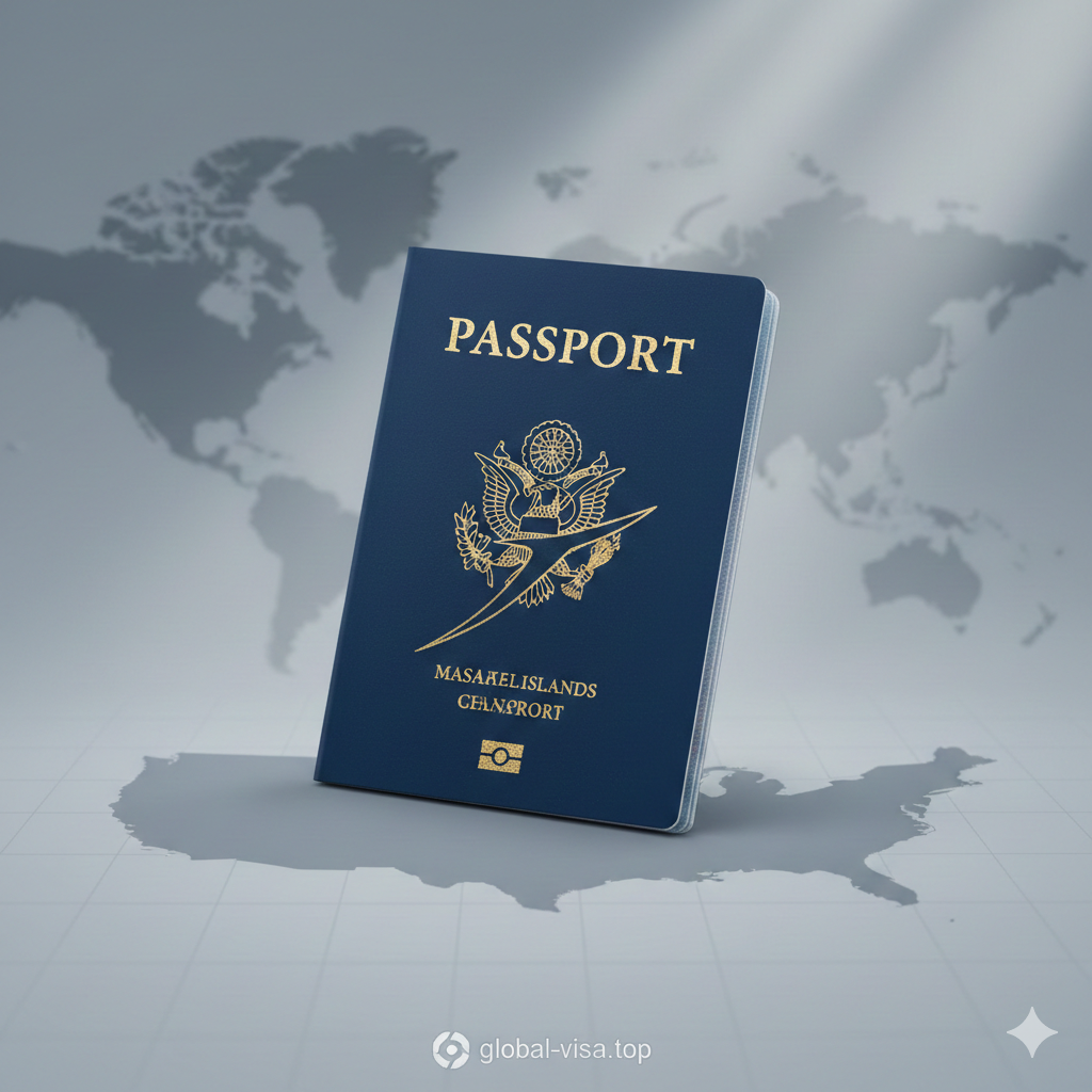 半透明的、精致的马绍尔群岛护照，叠放在一张模糊的美国地图剪影之上，地图上标注着'USA'。色彩以深蓝色和金色为主，象征权威与价值。护照的中心用金色线条勾勒出一个飞跃的形状，象征着'跳板'。背景是浅灰色的世界地图纹理，带有微弱的光线聚焦在护照上，强调'合法定居美国的绿色通道'的主题。