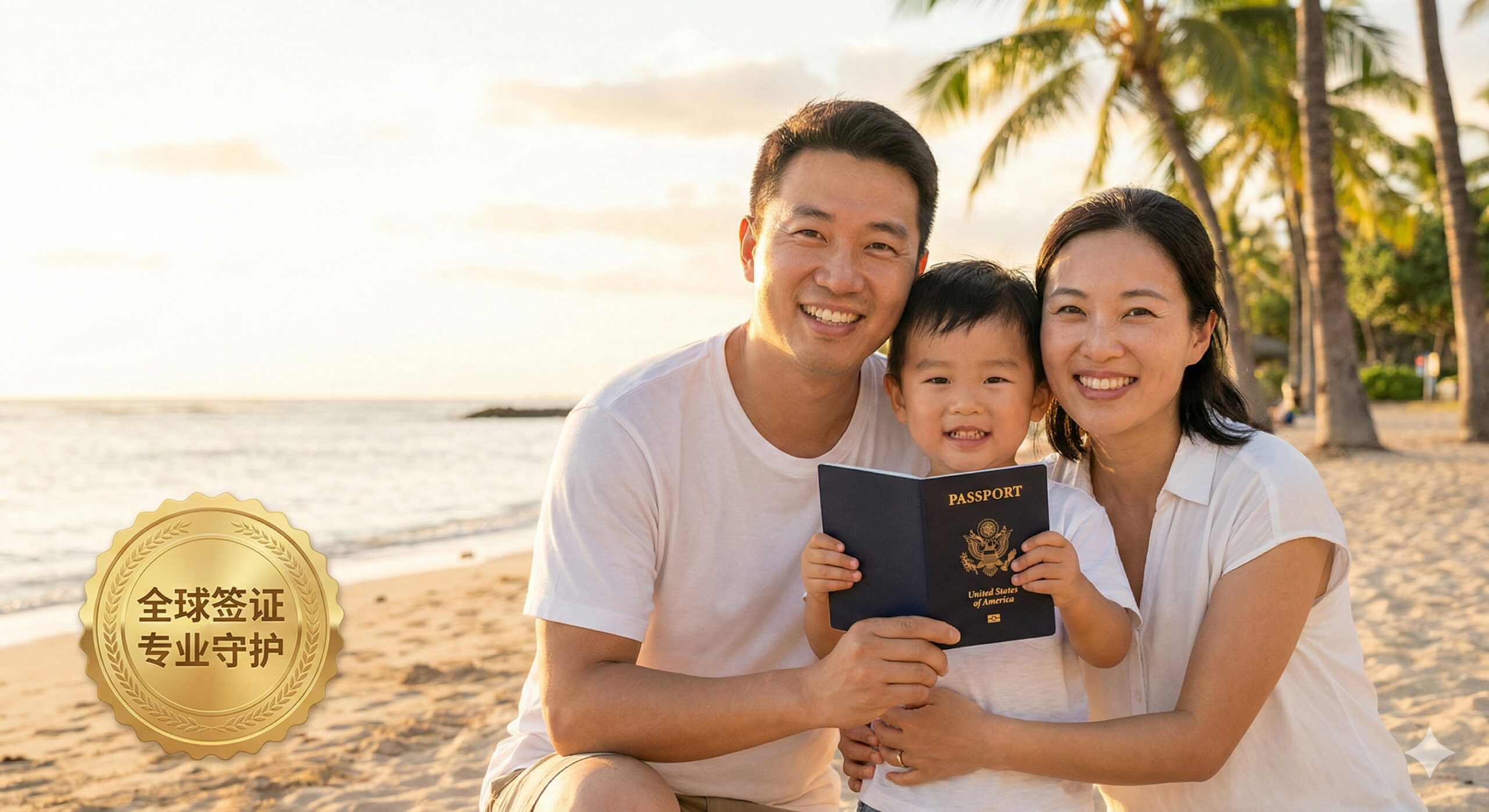 总结图营造放松、安心的氛围。画面是一个阳光明媚的场景,一个美宝家庭(父母和孩子)在机场或旅行目的地(如沙滩、景点)愉快地合影,美宝手持新换的美国护照,象征着更换任务顺利完成,可以安心出行。背景柔和,聚焦于家庭的幸福感和出行的自由。图片左下角放置一个精致的Global Visa印章或徽章,作为“专业守护”的承诺。整体色彩饱和度高,温暖且积极向上,让读者感到换证过程是可控且成功的。