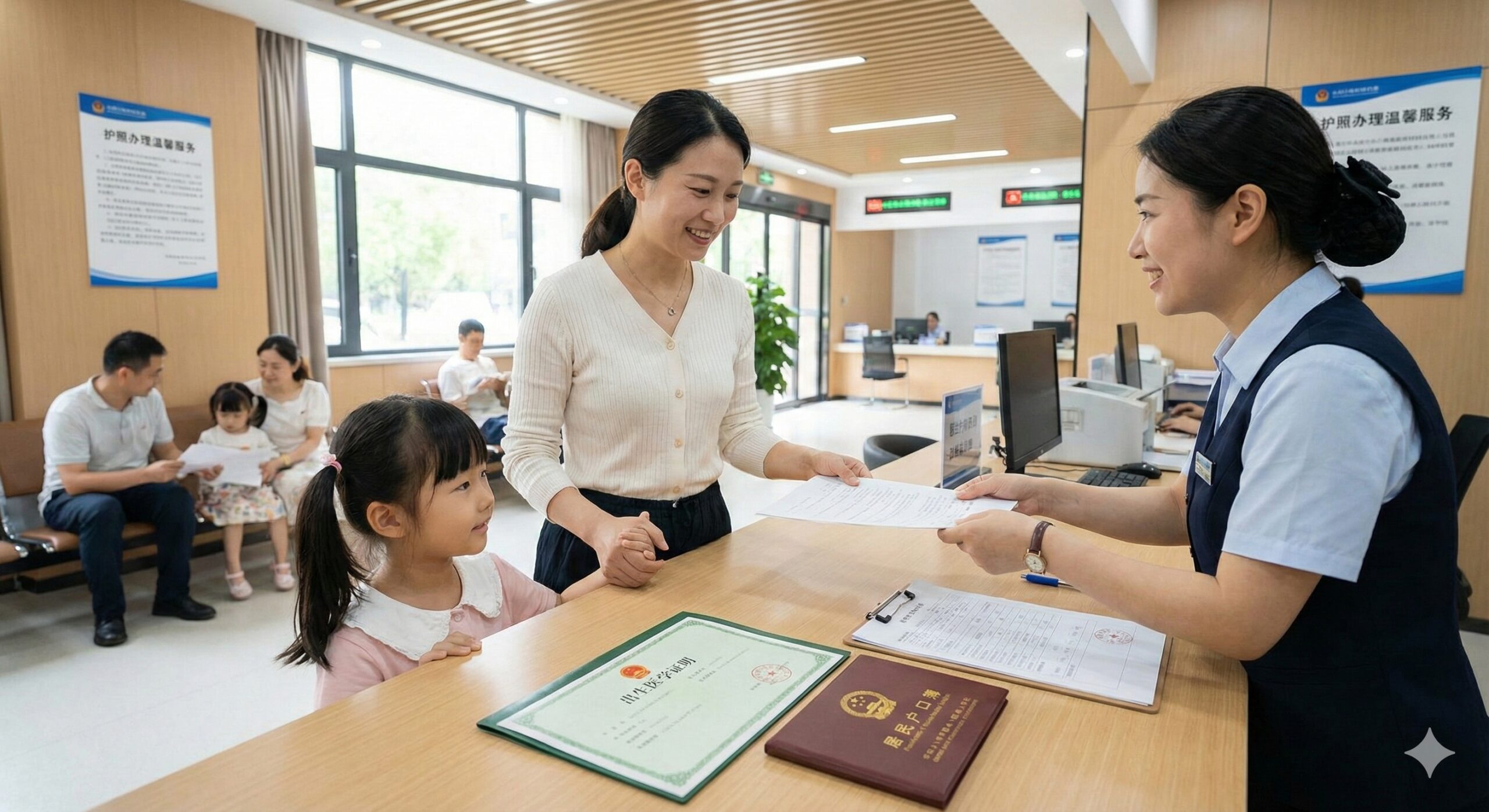 表现未成年人办理护照场景的温馨图片。画面中一位家长正牵着一个儿童的手，在明亮的办证大厅柜台前递交材料。重点展示柜台上放着的绿色封皮《出生医学证明》和户口簿，暗示监护人陪同及特殊材料要求。光线温暖，色彩饱和度适中，人物表情轻松愉快，消除用户对复杂手续的焦虑感，体现服务的周全与家庭出行的便利。