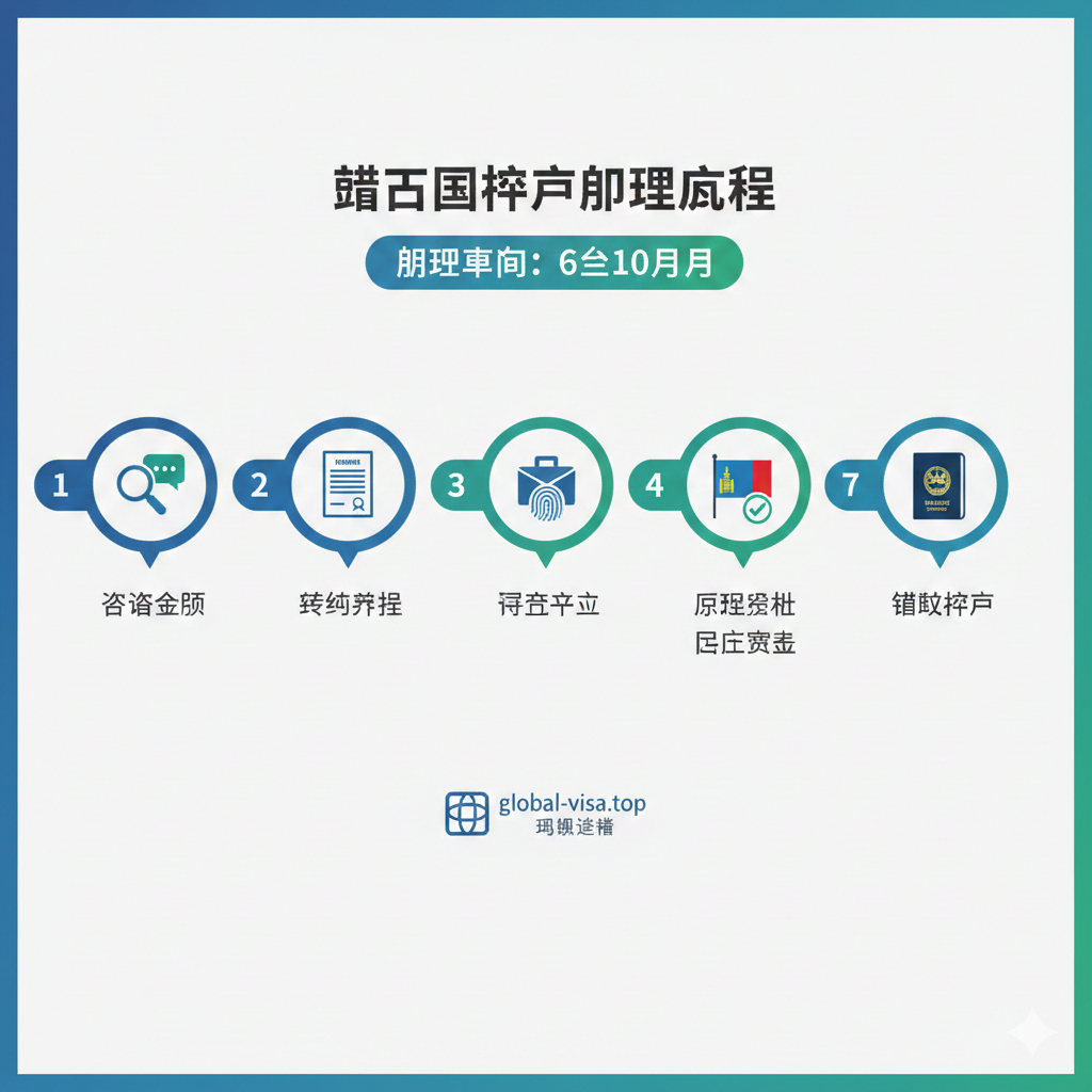 教程指导图，清晰展示蒙古国护照办理流程的七个步骤。采用流程图或信息图表的风格，用简洁的序号1-7和对应的图标来表示：咨询评估（放大镜/对话框）、签约准备（合同文件）、递交申请（信封/公文包）、背景调查（指纹扫描）、原则获批（打勾）、总统宣誓（国旗）、领取护照（护照）。整体采用时间轴的构图，从左到右或从上到下，颜色使用Global Visa品牌色（如果知道，否则使用蓝色/绿色搭配），强调流程的规范性和透明度，突出“6至10个月办理周期”。