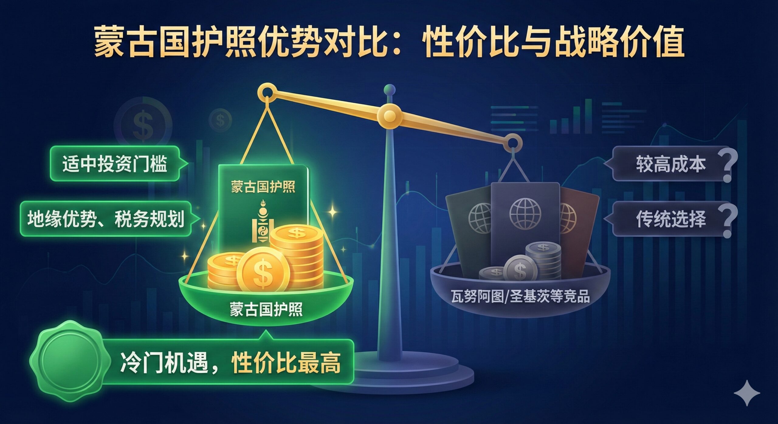 优势对比图，聚焦性价比和战略优势。构图为一张对比表格或天平。左侧是蒙古国护照，用绿色突出其“适中”的投资门槛和“地缘优势、税务规划”的独特优势。右侧是瓦努阿图/圣基茨等竞品，用较暗的颜色。天平倾斜向蒙古国护照一侧，象征性价比最高。图上可以有金币或美元符号，暗示投资主题。整体风格专业、数据化，视觉上强调蒙古国护照的战略价值，而非单纯的免签数量，突出其冷门机遇的定位。
