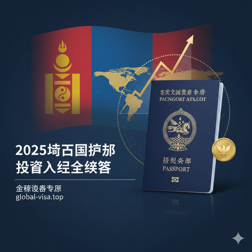 一张富有专业感和全球视野的封面图。主体是一个半开的深蓝色蒙古国护照，在其背景上叠加一个半透明的蒙古国国旗图案（苏鲁德/Sojombo元素）。护照周围散布着一些全球化的象征元素，例如微缩的世界地图、金融曲线图和一枚精致的徽章。整体色调采用深蓝、金色和白色，营造出高端、信任和战略性的视觉感受。构图上，护照位于中心偏右，左侧有醒目的标题：“2025蒙古国护照投资入籍全攻略”，突出投资入籍主题。
