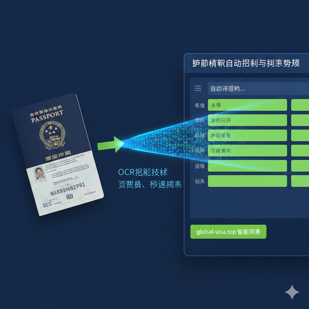 此图用于说明“护照/签证申请表自动生成”的教程与原理。画面主体是一个护照的底页,清晰可见MRZ(机读码)。一个虚拟的蓝色光束或扫描条从MRZ码上扫过,箭头指向一个正在被自动填写的电子签证申请表界面(例如DS-160的部分字段)。强调OCR识别技术,可以在护照信息和电子表格之间建立数据流的视觉连接,展示零错误、高效填表的优势。色彩搭配以深蓝和亮绿为主,象征数据流动的安全和准确性。