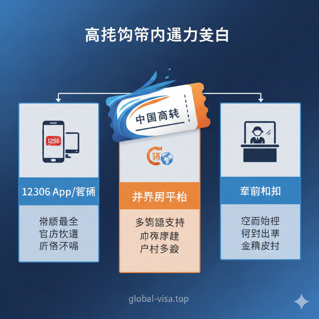 图片用于对比多种购票渠道的优势。画面可采用信息图表（Infographic）的风格。将12306 App/官网、第三方OTA平台（如携程的简化符号）和车站人工窗口这三种渠道用三个并列的图标或区块表示。每个区块下方配有简洁的优势词汇，例如：12306 - “票源最全”；OTA - “多语言”；窗口 - “现场办理”。所有元素围绕着一张象征高铁车票的图形符号。整体色彩应是对比鲜明且富有活力的商务蓝和橙色，体现选择的多元性和便利性。