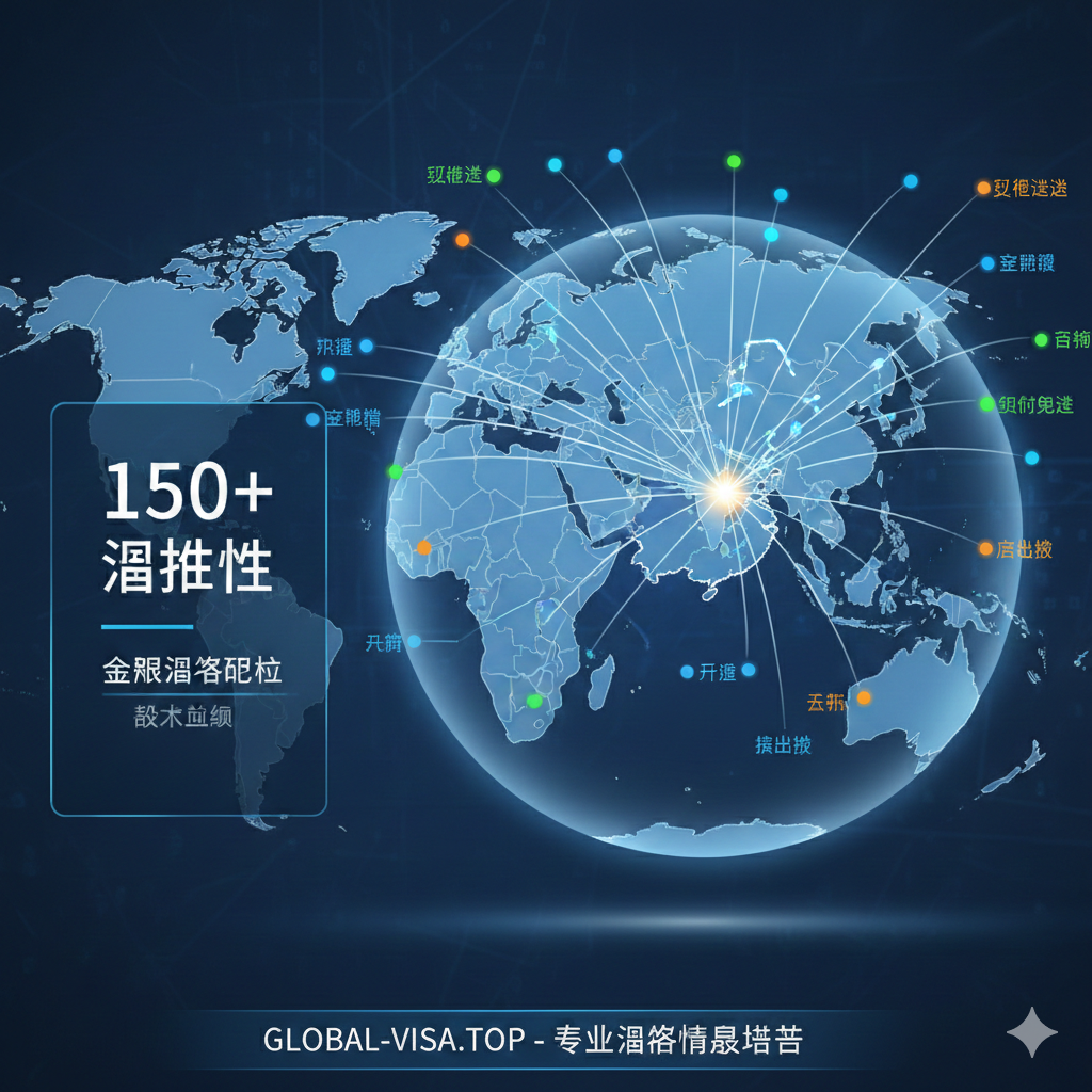 一张现代科技风格的全球签证政策可视化地图。从中国版图中心向外辐射出多条明亮的连接线，指向亚洲、欧洲、美洲的免签国家。使用不同颜色的图钉或光点区分'互免签证'（绿色）、'单方面免签'（蓝色）和'落地签'（橙色）。画面一侧设计有悬浮的半透明数据面板，显示'150+ 目的地'字样。构图清晰，信息层级分明，体现Global-Visa.top作为专业签证信息聚合平台的权威性与数据化特色。