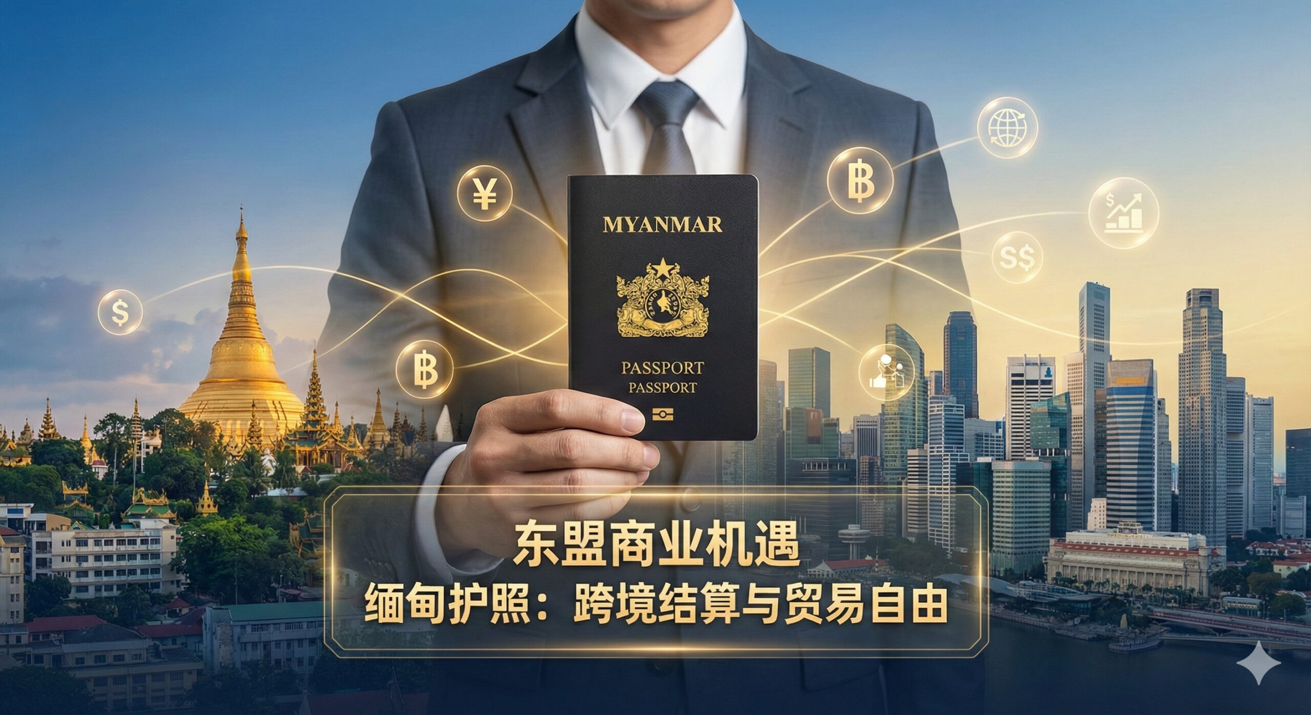 一幅现代商务风格的合成图片，描绘一位穿着职业装的商务人士手持缅甸护照，背景是繁华的东南亚城市天际线（如仰光大金塔与新加坡摩天大楼的剪影结合）。画面中漂浮着半透明的金色连接线和货币符号，象征着东盟框架下的贸易自由与跨境结算优势。色彩采用商务蓝与活力金的渐变，突显缅甸身份在东南亚经济圈中的跳板功能与商业价值。