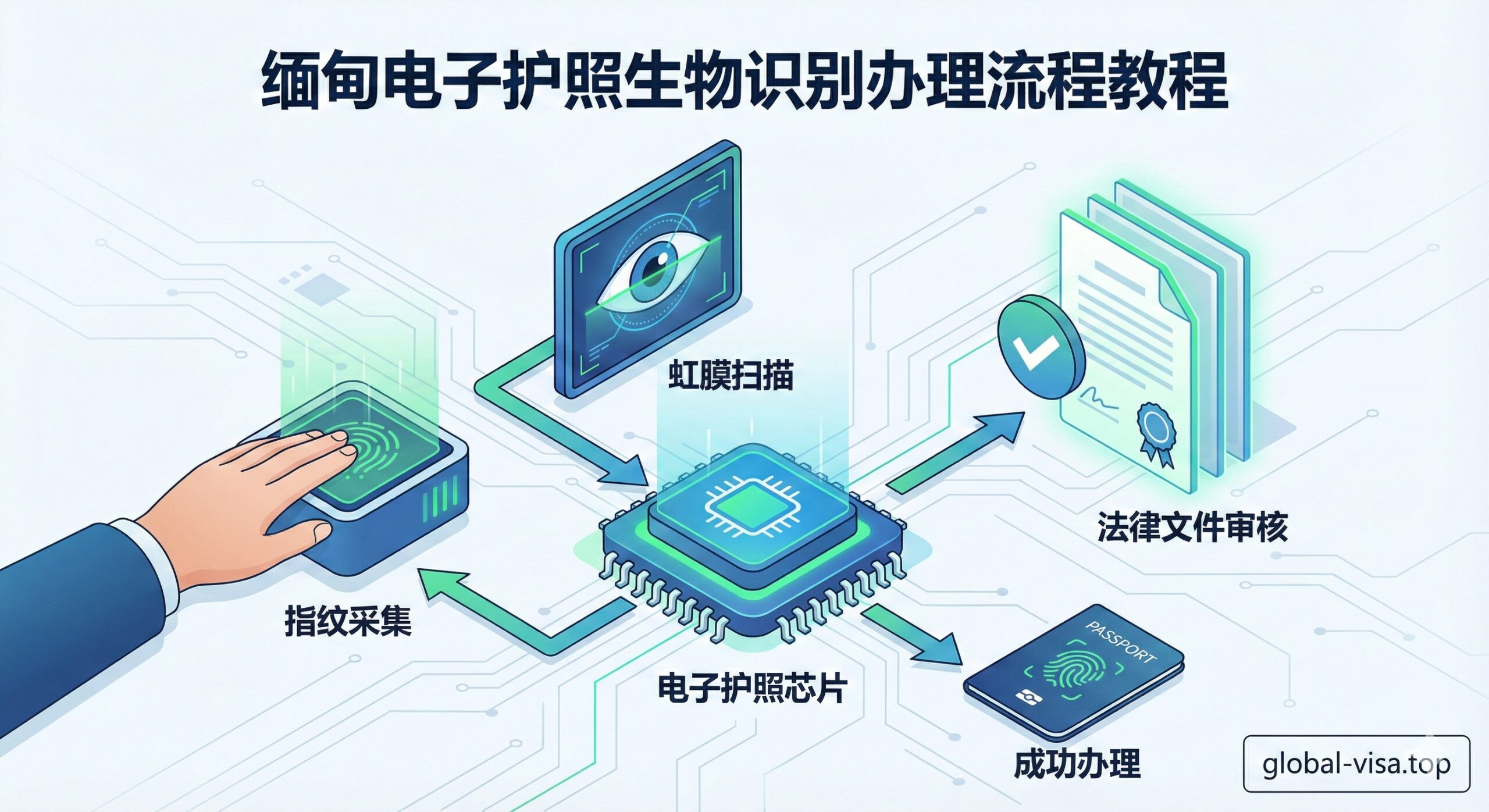 一张清晰的轴测图（Isometric）风格插画，详细拆解缅甸电子护照的办理流程。画面中心是一个发光的电子护照芯片，周围环绕着指纹采集仪、虹膜扫描界面以及通过审核的法律文件图标。视觉上强调‘生物识别技术’的科技感，用以说明正规办理流程的严谨性。背景简洁干净，使用科技蓝和安全绿作为主色调，引导用户关注正规的生物信息采集环节。