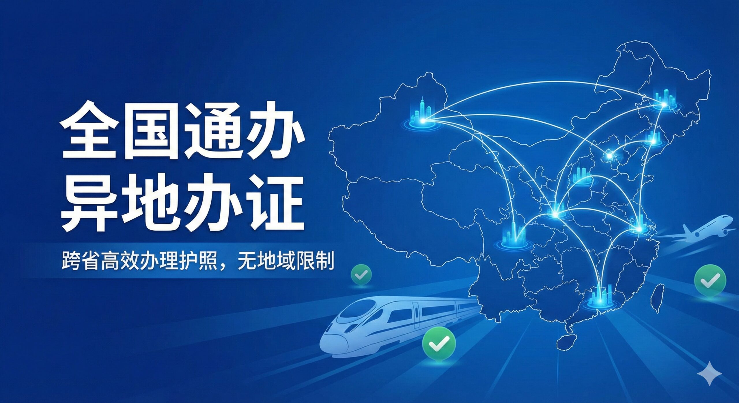 一张具象化的概念插图，表现“全国通办”和“异地办证”的政策优势。画面中心是中国地图轮廓，通过流畅的线条连接不同城市节点，象征地域限制的打破。前景融合了高铁或飞机的抽象剪影以及绿色的“通过”对钩图标，寓意高效与无门槛。配色采用政府服务常用的深蓝与亮白配色，传达政策的权威性与服务的可靠性，消除用户对异地办理的顾虑。