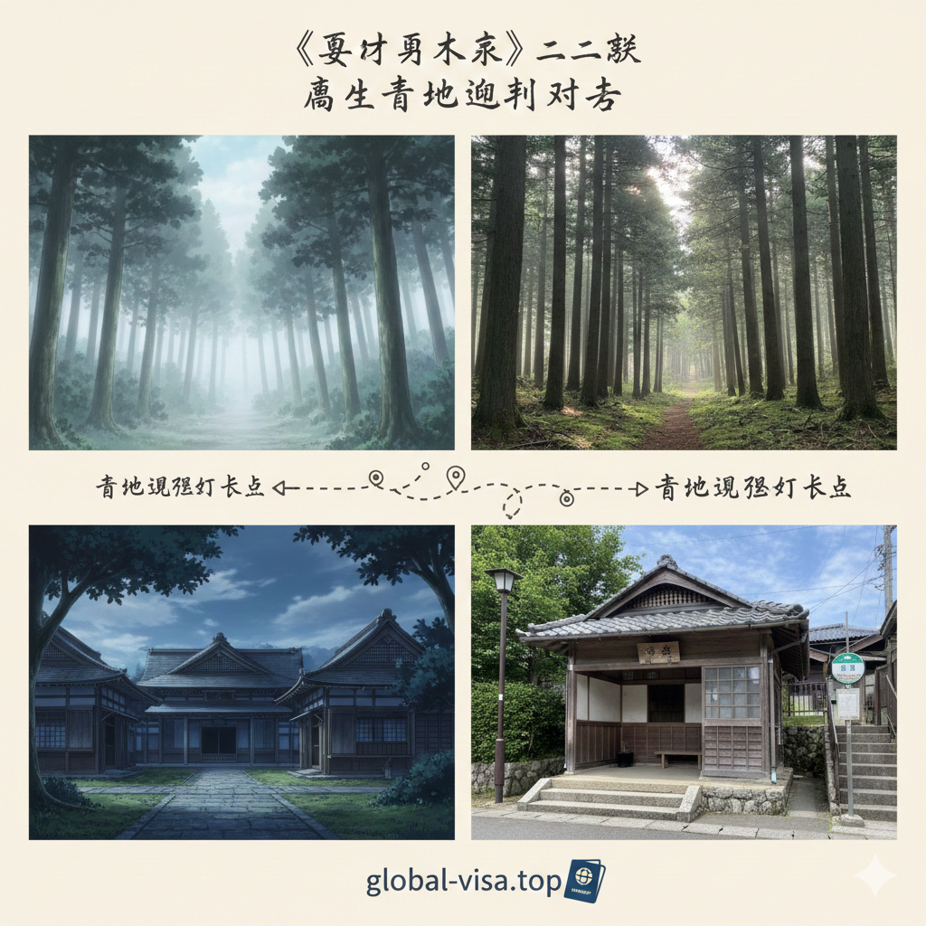 展示动漫场景与现实地标对比的拼贴图。左侧展示《夏目友人帐》第二季第7话中雾气缭绕的森林与第11话除妖师聚会的古老建筑插画；右侧对应展示现实中熊本县市房山杉木林和晴山巴士站的高清实景照片。中间用精致的旅行地图线条连接，标注出‘圣地巡礼’的打卡点。色彩对比鲜明，突出二次元与三次元重叠的奇妙感，激发粉丝的探索欲。