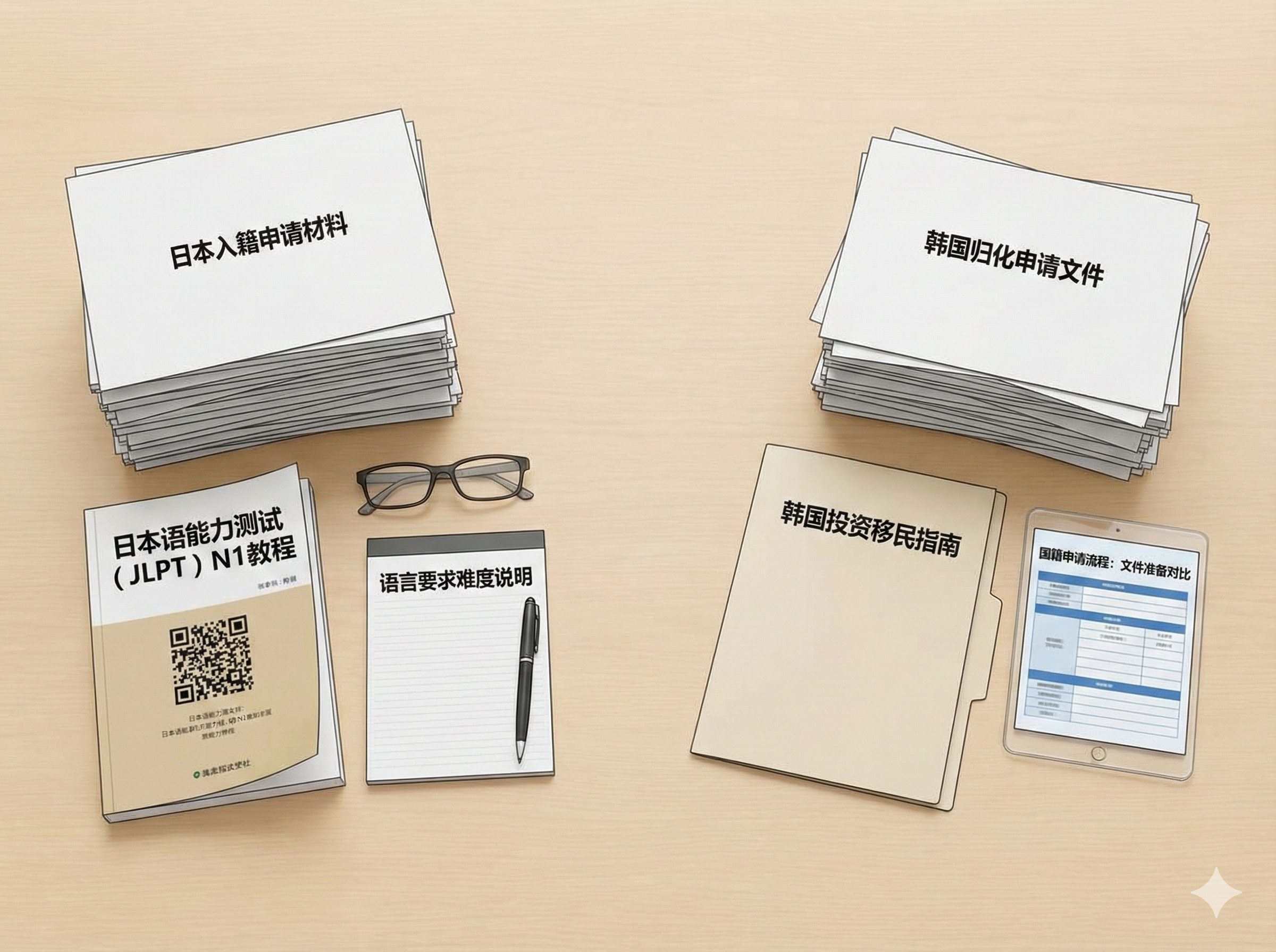 A conceptual flat-lay photography style image representing the immigration and naturalization process. On a clean wooden desk, there are organized stacks of visa application forms, a Japanese language textbook, a South Korean investment document, a pen, and a pair of glasses. The lighting is bright and even, suggesting clarity and transparency. This image visually supports the content regarding the difficulty of language requirements and document preparation for citizenship applications.