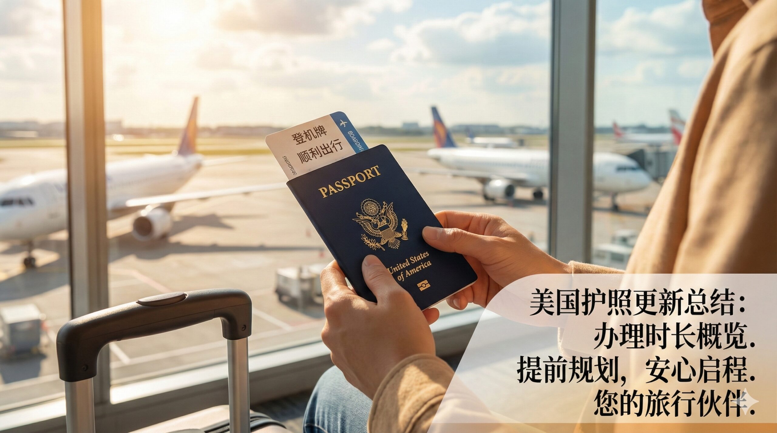 一张充满希望和期待的总结性图片，展示一位旅行者在明亮的机场候机楼窗前，手中拿着一本崭新的美国护照和登机牌，窗外可以看到停机坪上的飞机。画面一角露出行李箱的手柄。阳光洒在护照上，营造出温暖、轻松的氛围，寓意护照更新顺利完成，旅行即将开始。风格温馨、生活化，旨在给用户带来安心感。