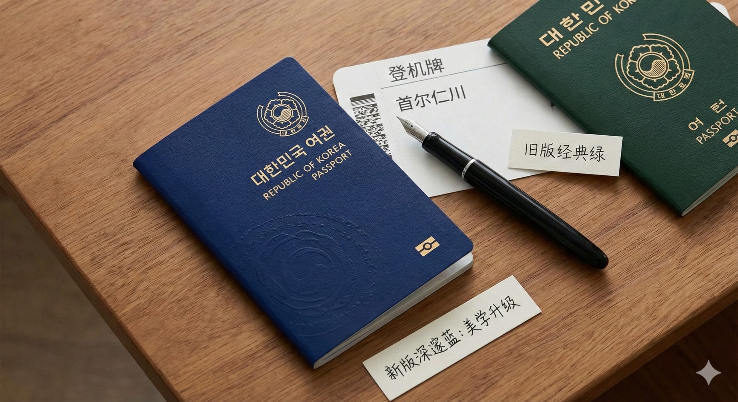 一张构图精致的桌面俯拍图（Flat lay），桌面上整齐摆放着新版蓝色韩国护照、旧版绿色护照（作为对比的一角）、一张登机牌以及一支钢笔。光影柔和自然，色调和谐，通过新旧对比和旅行元素的组合，视觉化地总结了韩国护照从“经典绿”到“深邃蓝”的设计变革与美学升级。