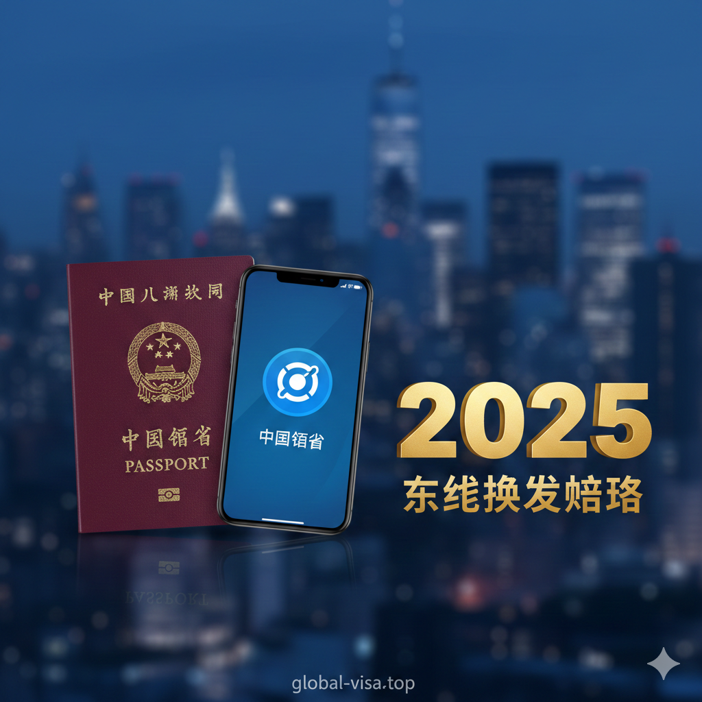 一张极具现代感的封面图,背景是模糊处理的纽约标志性天际线和自由女神像,突显地域属性。前景清晰展示一本深红色的中华人民共和国护照,旁边有一部手机显示着“中国领事”APP的图标,寓意全流程电子化。画面右侧配有显眼的2025金色立体字样和“在线换发攻略”的中文字样,整体色调采用大气的高级蓝与中国红搭配,光线明亮,传达出专业、权威且便捷的视觉感受,适合global-visa.top的专业形象。