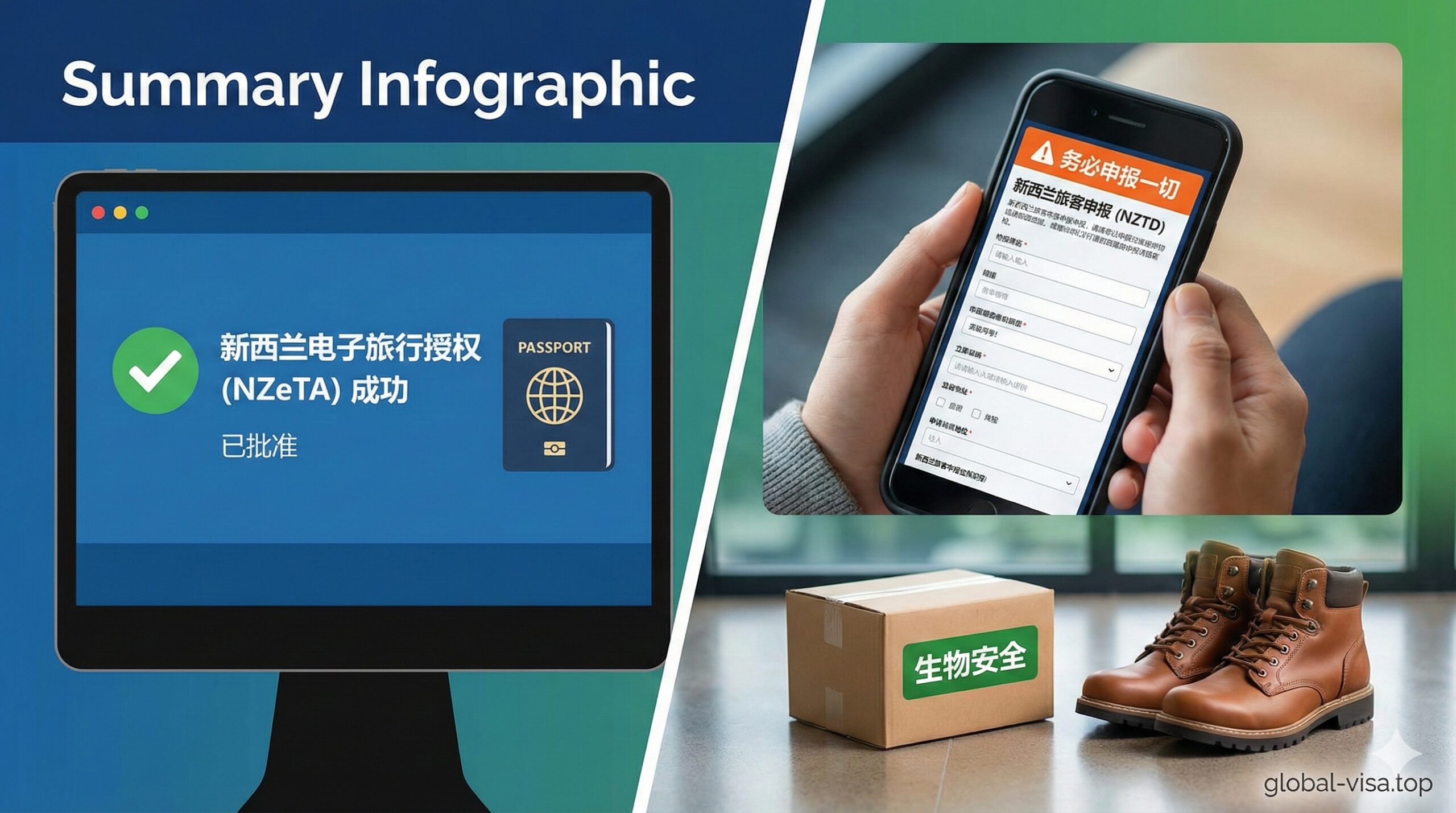 图片作为文章总结，突出“入境”前的最终步骤：NZeTA与NZTD（新西兰旅客申报）。左侧是一个成功的 NZeTA 电子屏幕，右侧是一个手持手机完成 NZTD 申报表的特写，并配有“申报一切”的警示语。前景底部放置一个贴有“生物安全”标签的小箱子，旁边是一双干净的徒步鞋，强调生物安全的重要性。构图平衡左右信息，使用新西兰边境安全的海蓝色和绿色作为主色调，体现严谨性和最后的准备环节。
