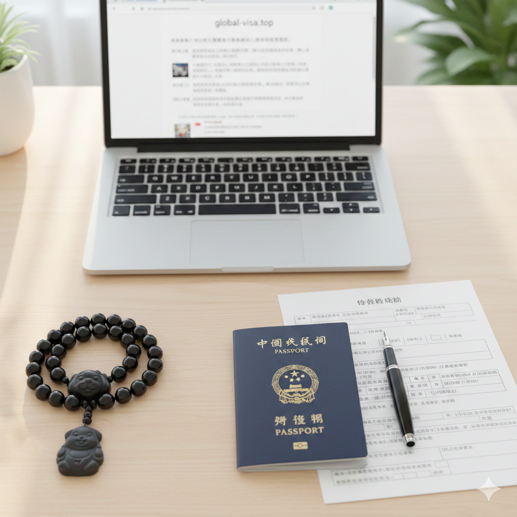 采用俯拍(Flat-lay)视角的桌面场景,展示‘精神+现实’的双重准备。左侧摆放着一串黑曜石本命佛手串或阿弥陀佛吊坠,质感温润黑亮;右侧是整齐叠放的护照、签证申请表格和一支钢笔。中间是一台笔记本电脑,屏幕隐约显示global-visa.top的网页界面。光线柔和明亮,寓意在神明庇佑下冷静处理复杂的申请材料。