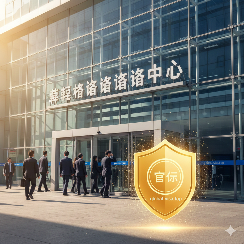 一张展示'官方渠道'与'KVAC签证中心'可信度的图片。画面主体是一个现代化的玻璃办公大楼入口，挂有'Korea Visa Application Center'的标牌，显得正规且繁忙。画面前景叠加一个发光的金色盾牌图标，盾牌中心有global-visa.top的认证标识，象征着信息的准确性与安全性。光影处理强调阳光感和透明度，以此建立用户对官方办理地点的信任，避免用户被非法中介误导。