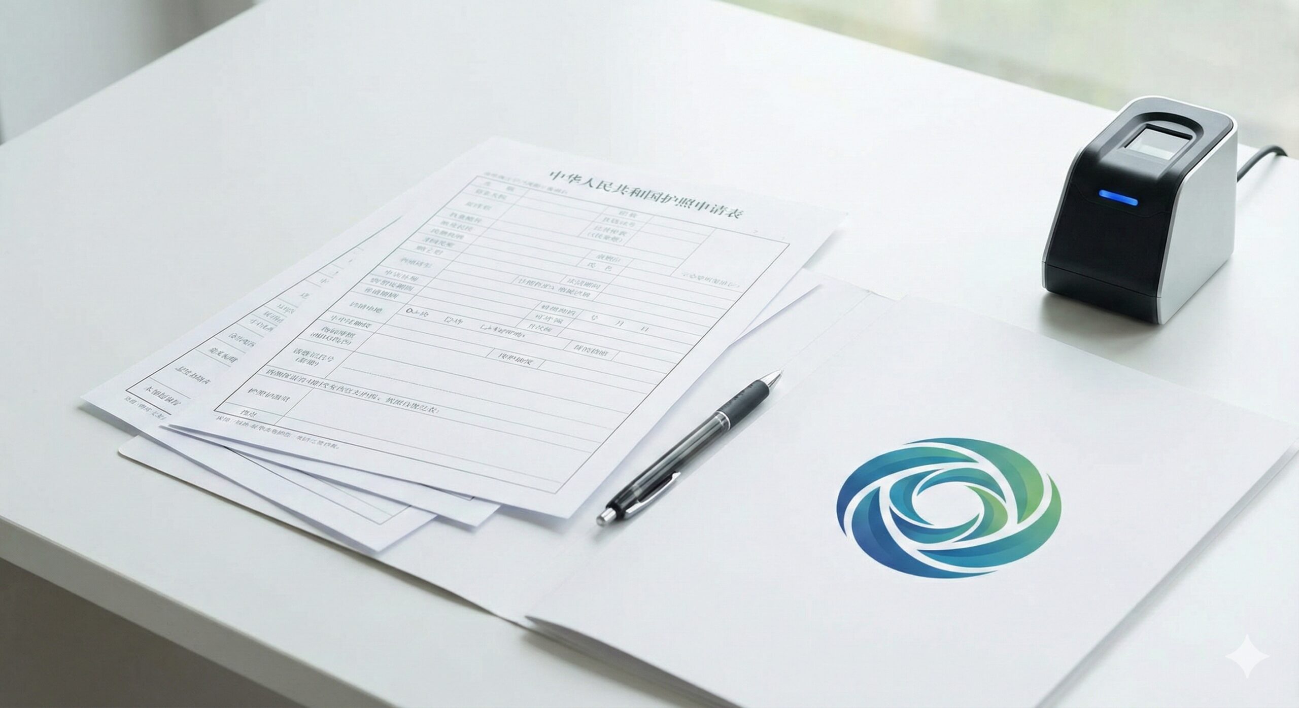 描绘正规护照申请流程的教程类图片。画面明亮、整洁，展示了一张摆放整齐的办公桌，上面有官方的申请表格、一支钢笔、以及本国政府机构的抽象标志。光线柔和自然，色调以白色、蓝色和绿色为主，传达出合法、透明和安全的心理感受。画面一角可以展示生物识别采集设备（如指纹扫描仪），暗示正规流程必须本人到场，引导用户走官方渠道。