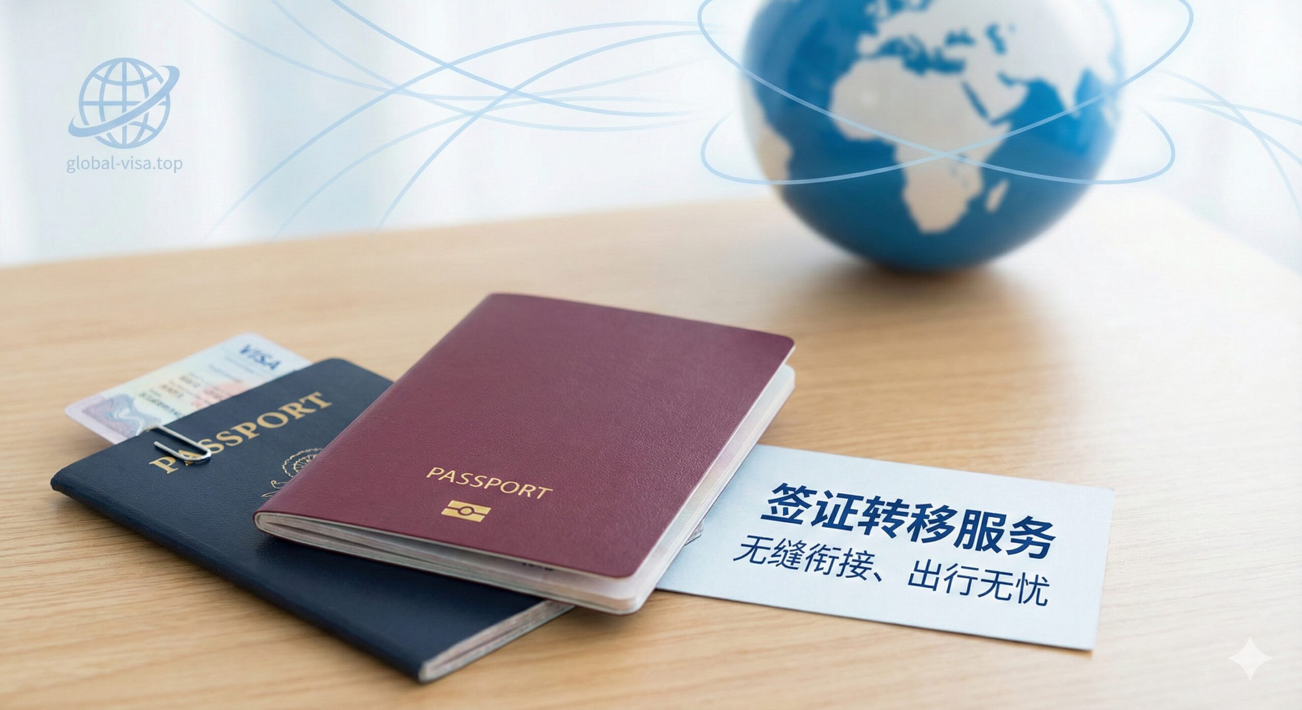 展示新旧护照衔接与签证转移服务的特写图。画面中展示两本护照叠放，下面是一本剪角处理的旧护照（露出有效的十年美签或申根签证页），上面是一本崭新的电子护照。背景融合global-visa.top品牌的淡蓝色调和地球经纬线元素，象征专业的签证代办与咨询服务，传达出'无缝衔接、出行无忧'的信任感，解决用户对有效签证作废的担忧。