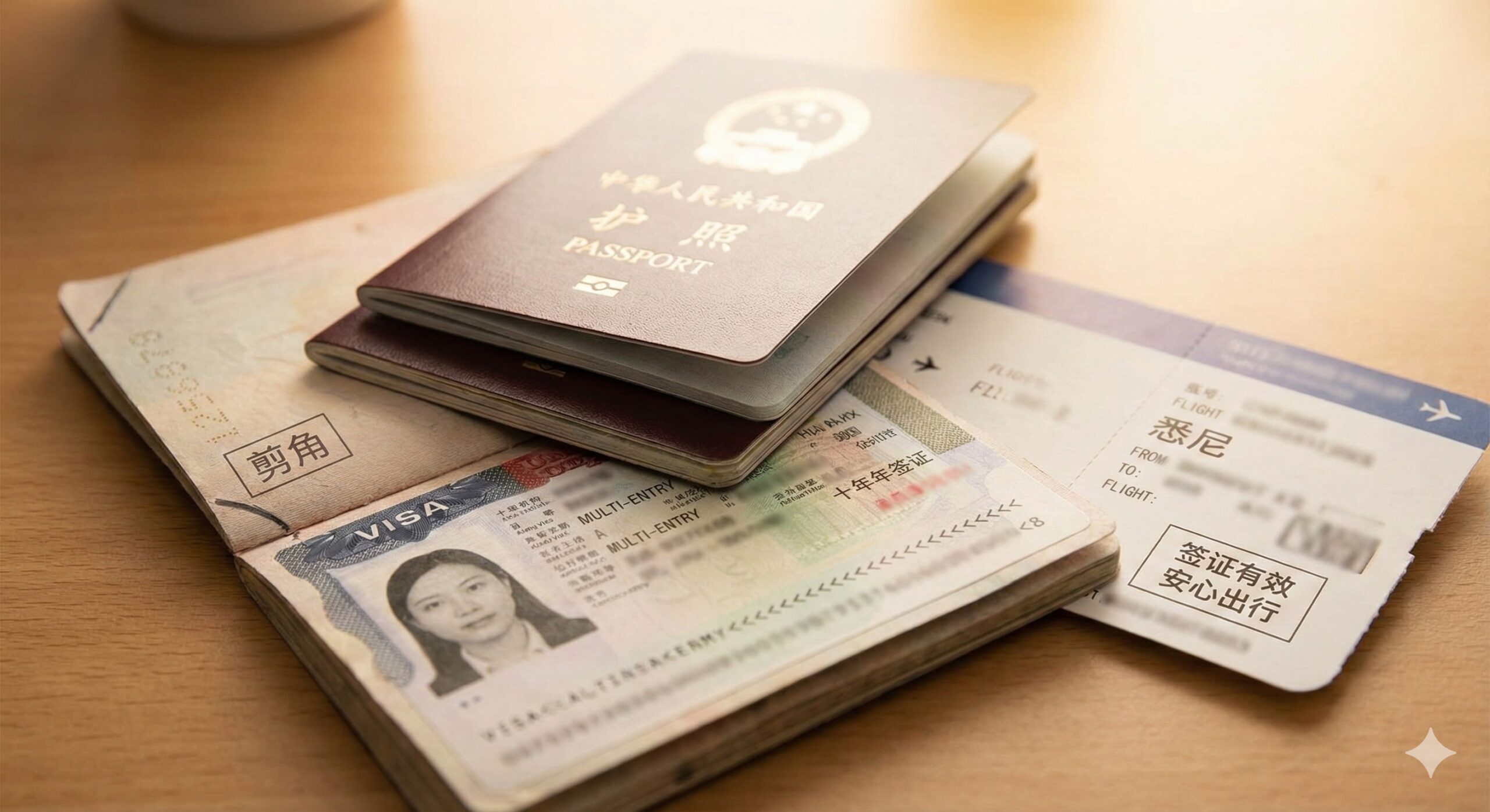 专注于'旧护照签证处理'的高价值内容配图。画面特写展示两本叠放的护照：底部是一本旧护照，封面角落有明显的'剪角'痕迹，翻开的内页展示着一张有效的一年多次或十年签证贴纸；顶部是一本崭新的护照。旁边放着一张飞往美国或澳洲的机票，象征'新旧搭配，出行无忧'。光线温暖，营造出一种安心、确定的氛围，解答用户关于签证是否失效的疑虑。
