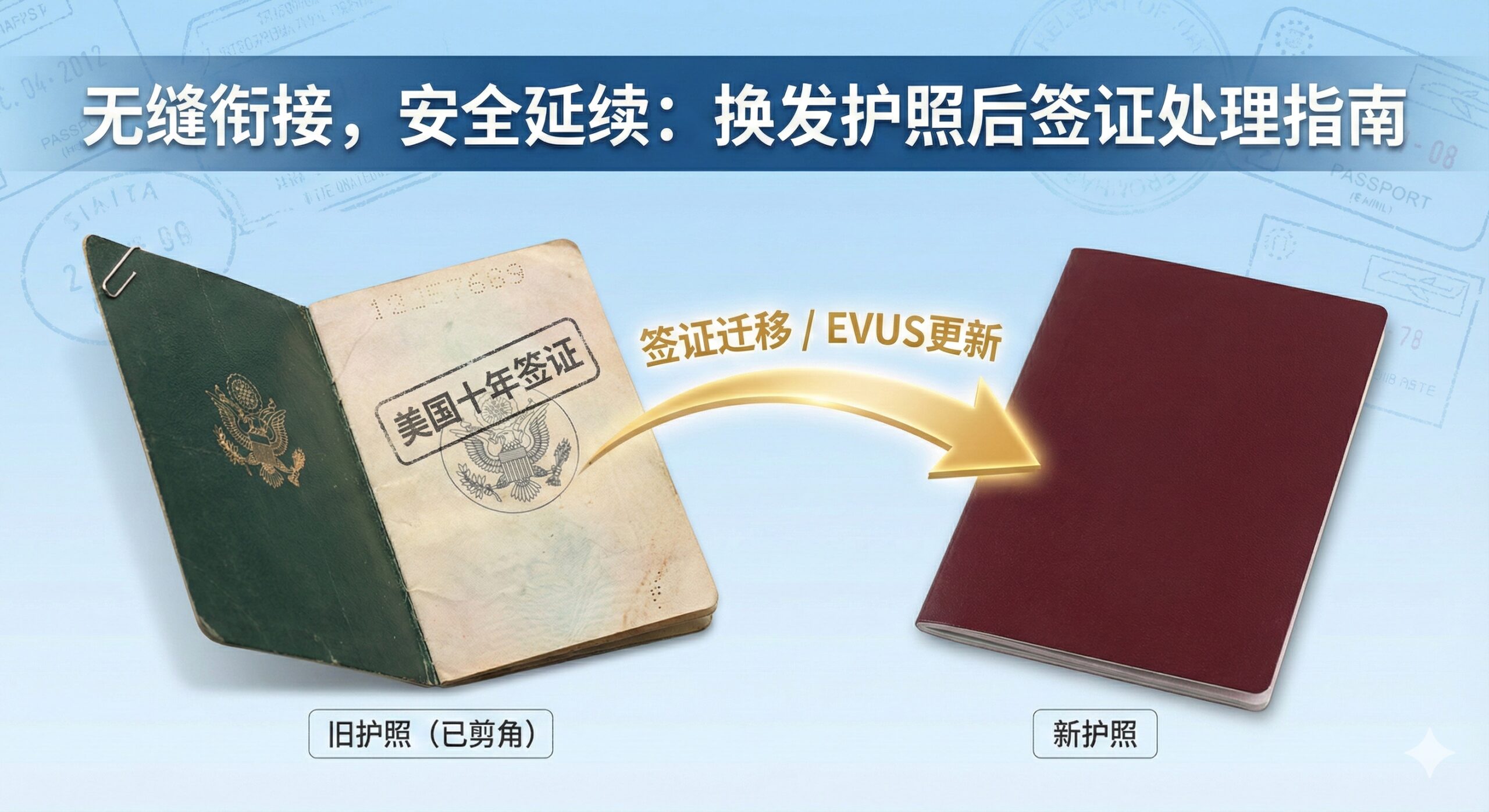 展示新旧护照交替与签证处理的概念图。画面中并排摆放着一本剪了角的旧护照（露出贴有美国十年签证的内页）和一本崭新的护照。两本护照之间用流畅的金色箭头连接，寓意'签证迁移'或'EVUS更新'的关联性。背景采用淡雅的蓝色渐变，辅以护照印章的水印纹理，视觉上强调证件更新后的延续性和安全性，消除用户对旧签证失效的担忧。